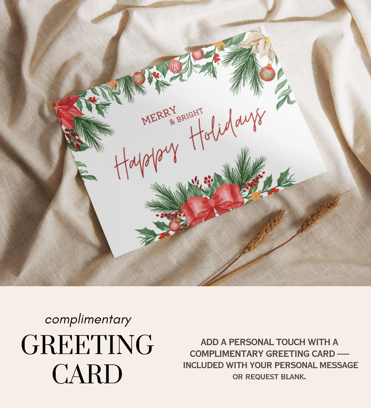 Complimentary Merry & Bright Happy Holidays greeting card with watercolor pine, holly and a red bow on natural linen