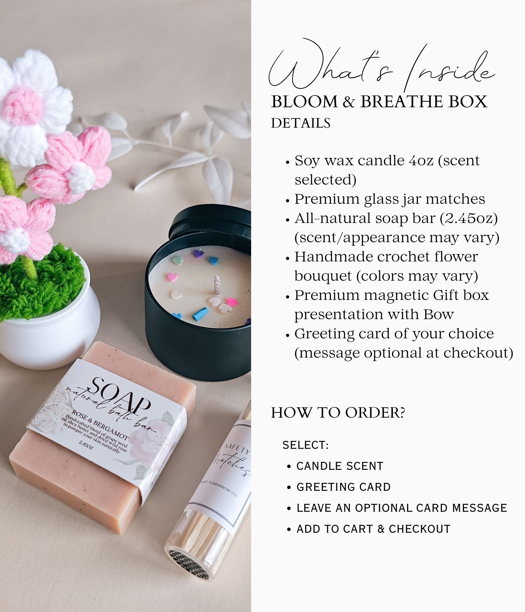 Care package gift box with soy candle, natural soap bar, glass jar matches, and handmade crochet flower bouquet