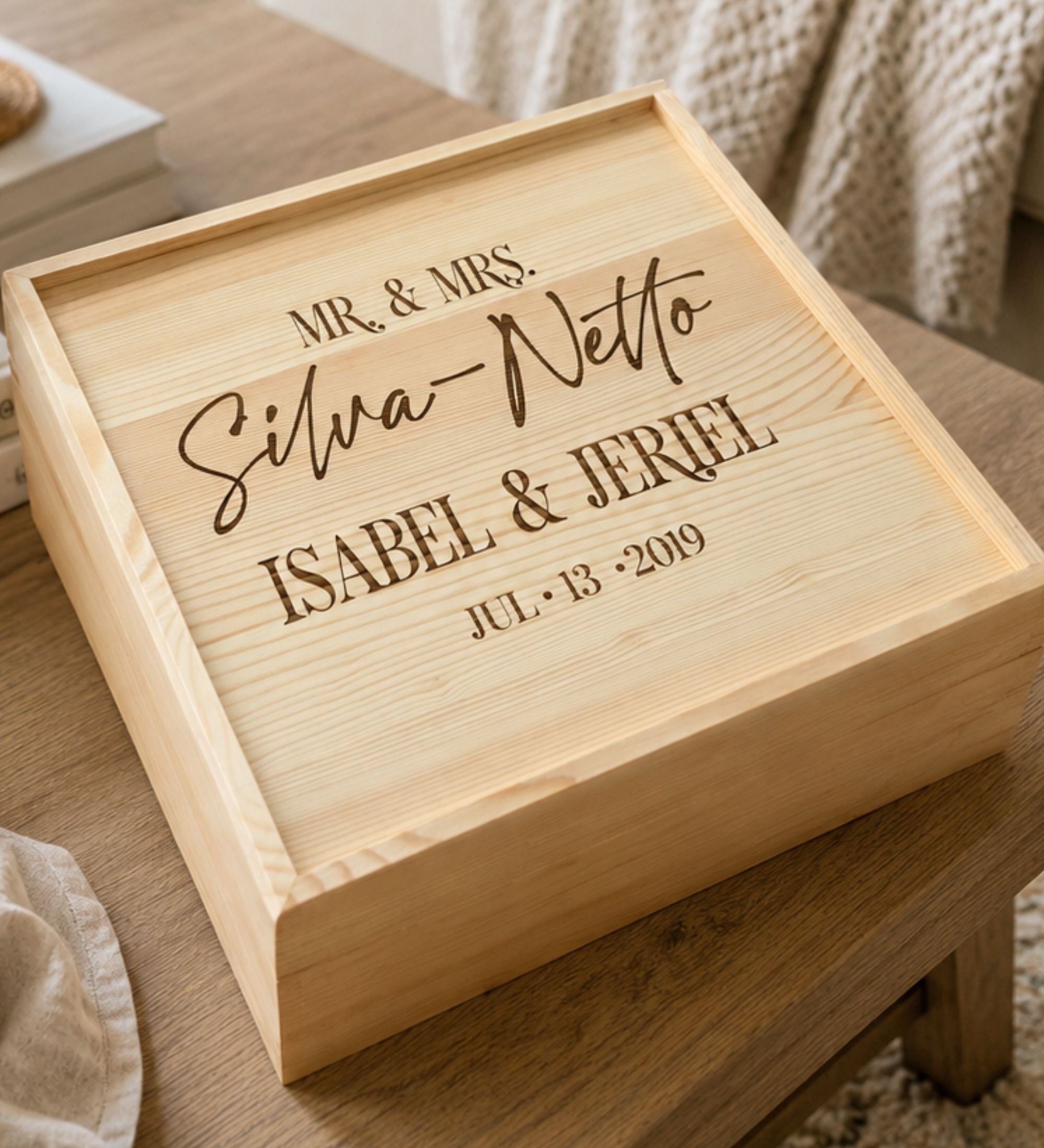 Engraved Wood Wedding Memory Box with Names and Date