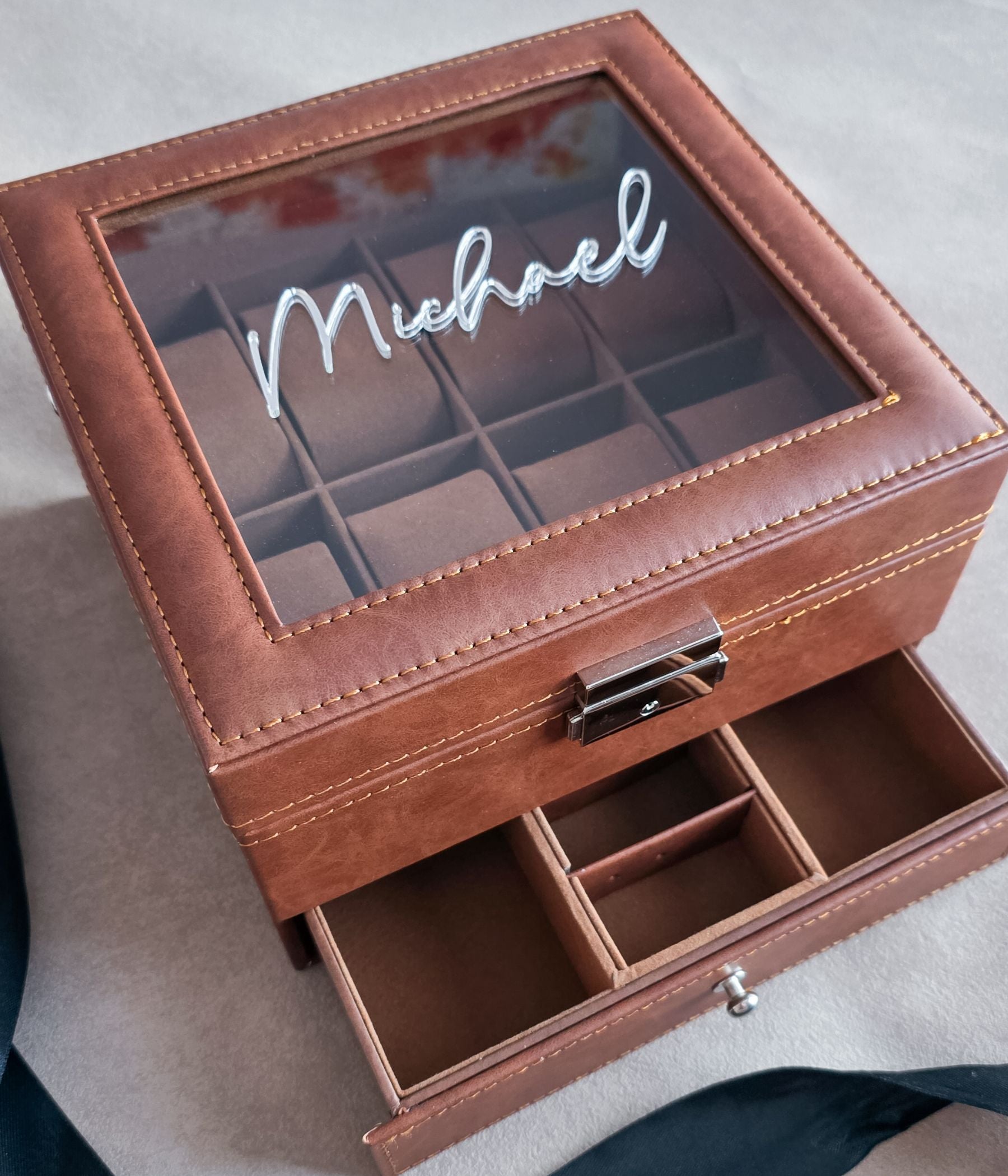Groomsmen gift watch organizer with monogram initials and premium stitched leatherette finish