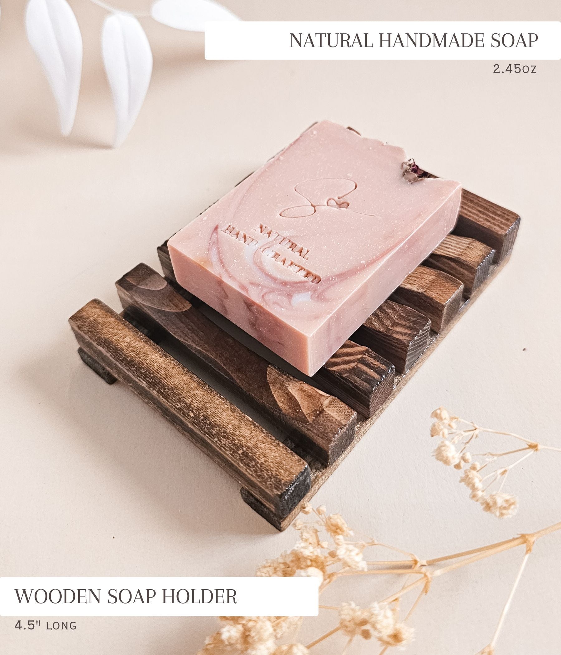 Pink soap on a wooden soap holder with text about natural handmade soap and dimensions.
