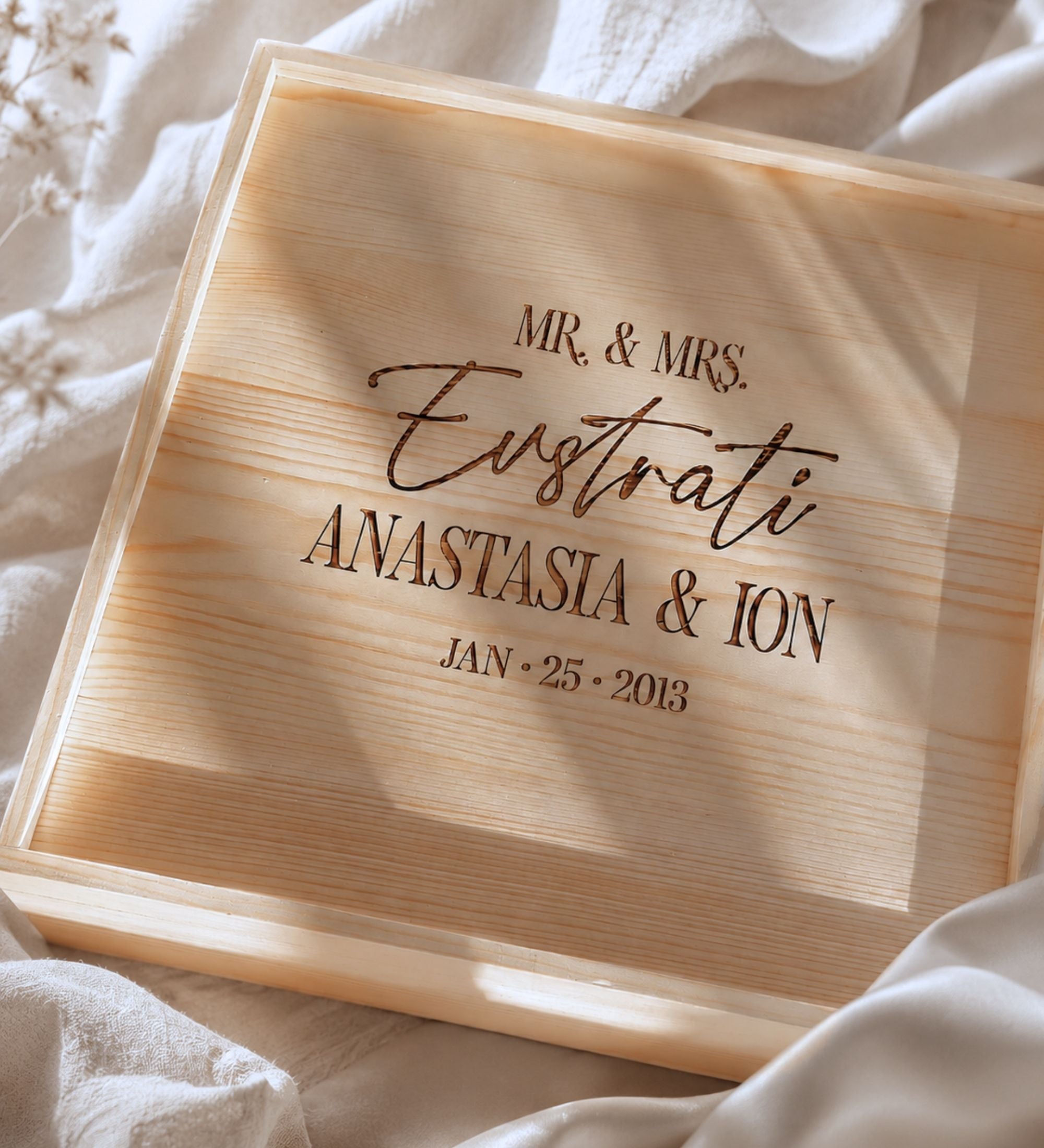 Engraved Wood Wedding Memory Box with Names and Date