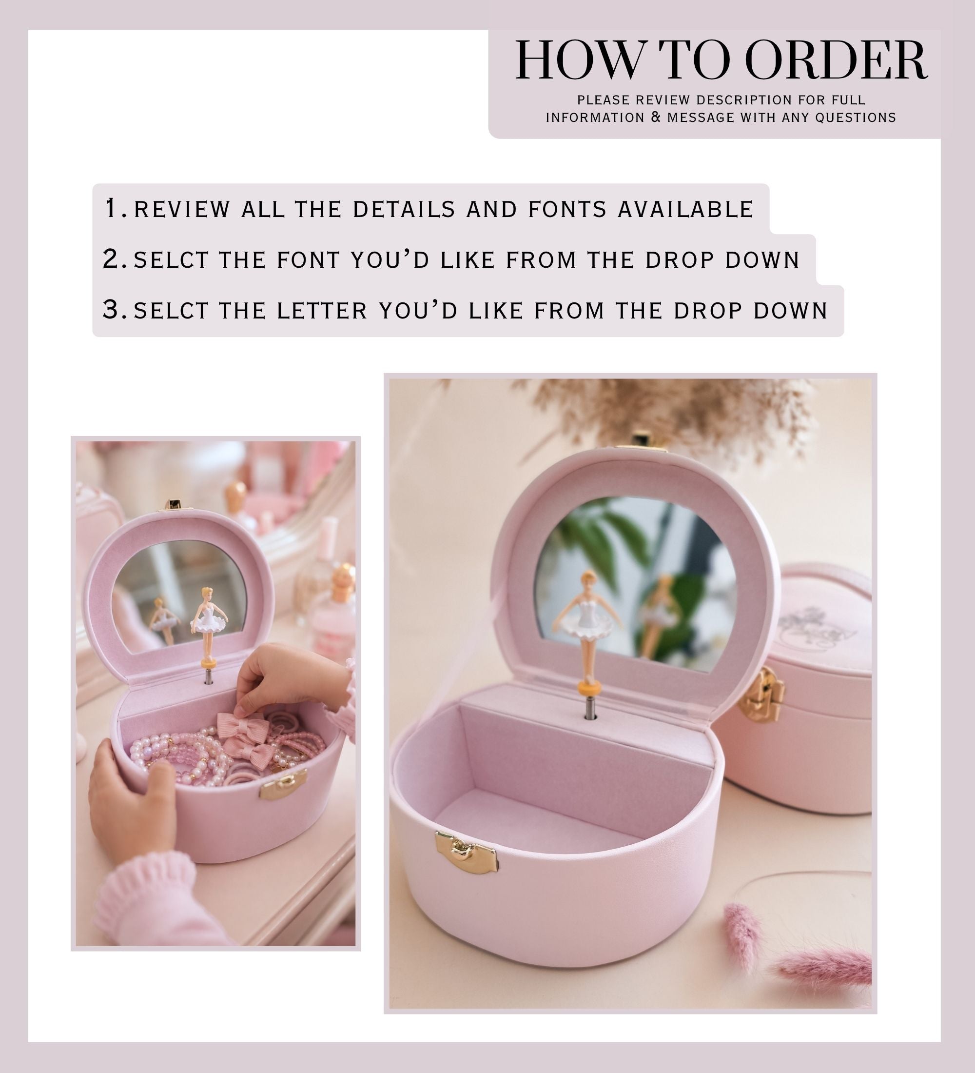  How to order infographic: step 1 review fonts, step 2 select font from dropdown, step 3 select letter from dropdown, with lifestyle imagery
