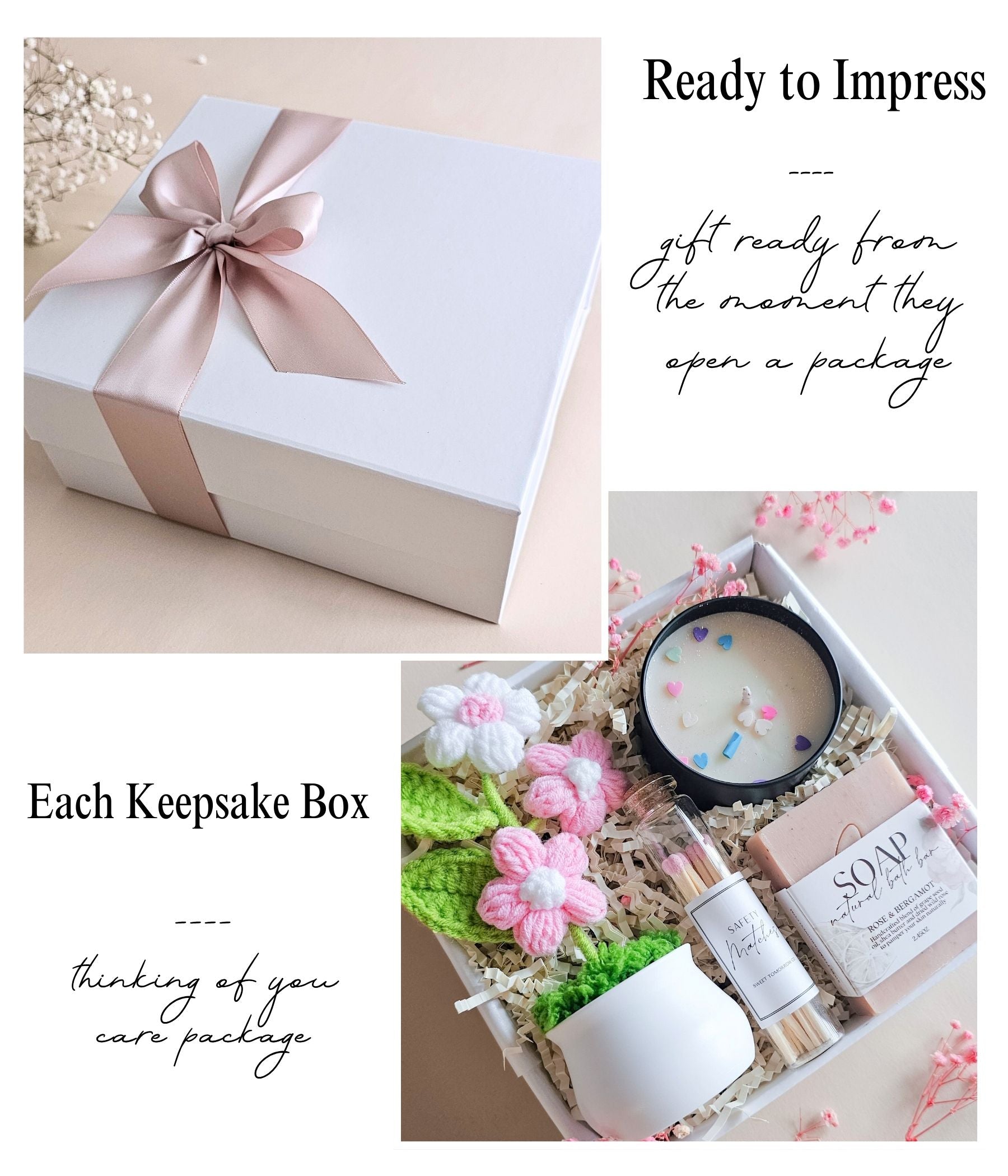 Long-distance friend care package with candle and soap plus cheerful crochet floral arrangement