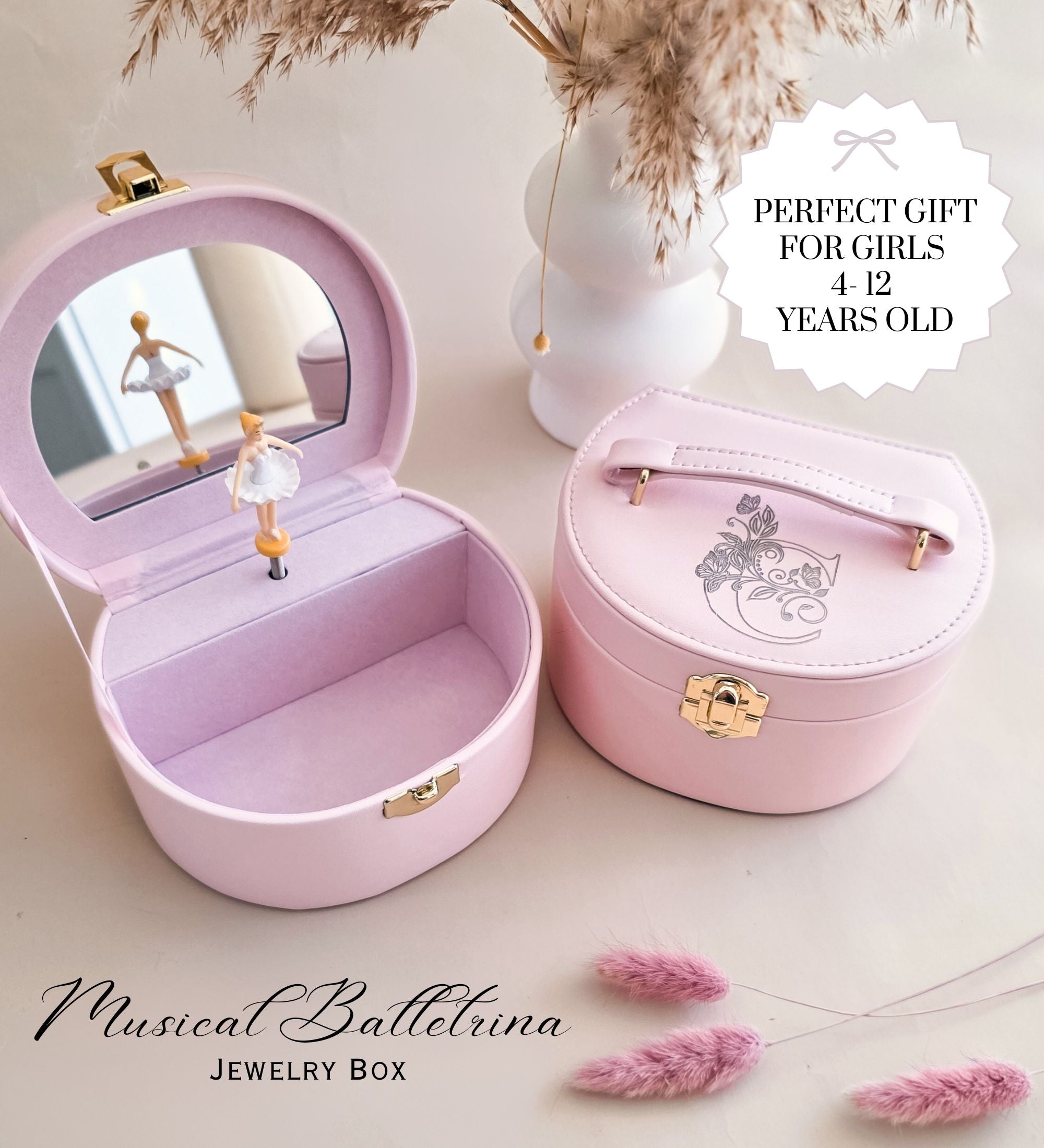 "Perfect Gift for Girls 4–12 Years Old" marketing image showing music box open and closed, styled with pampas grass and pink botanicals