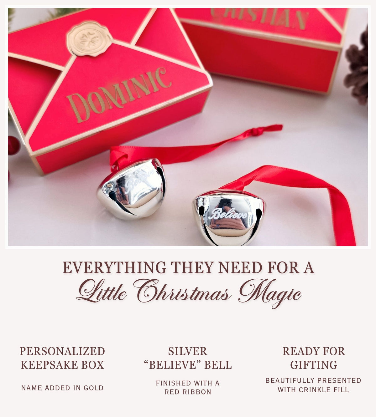 Personalized silver Christmas bells with red ribbons, shown with red gift boxes and promotional text reading 'Everything They Need for a Little Christmas Magic.'.