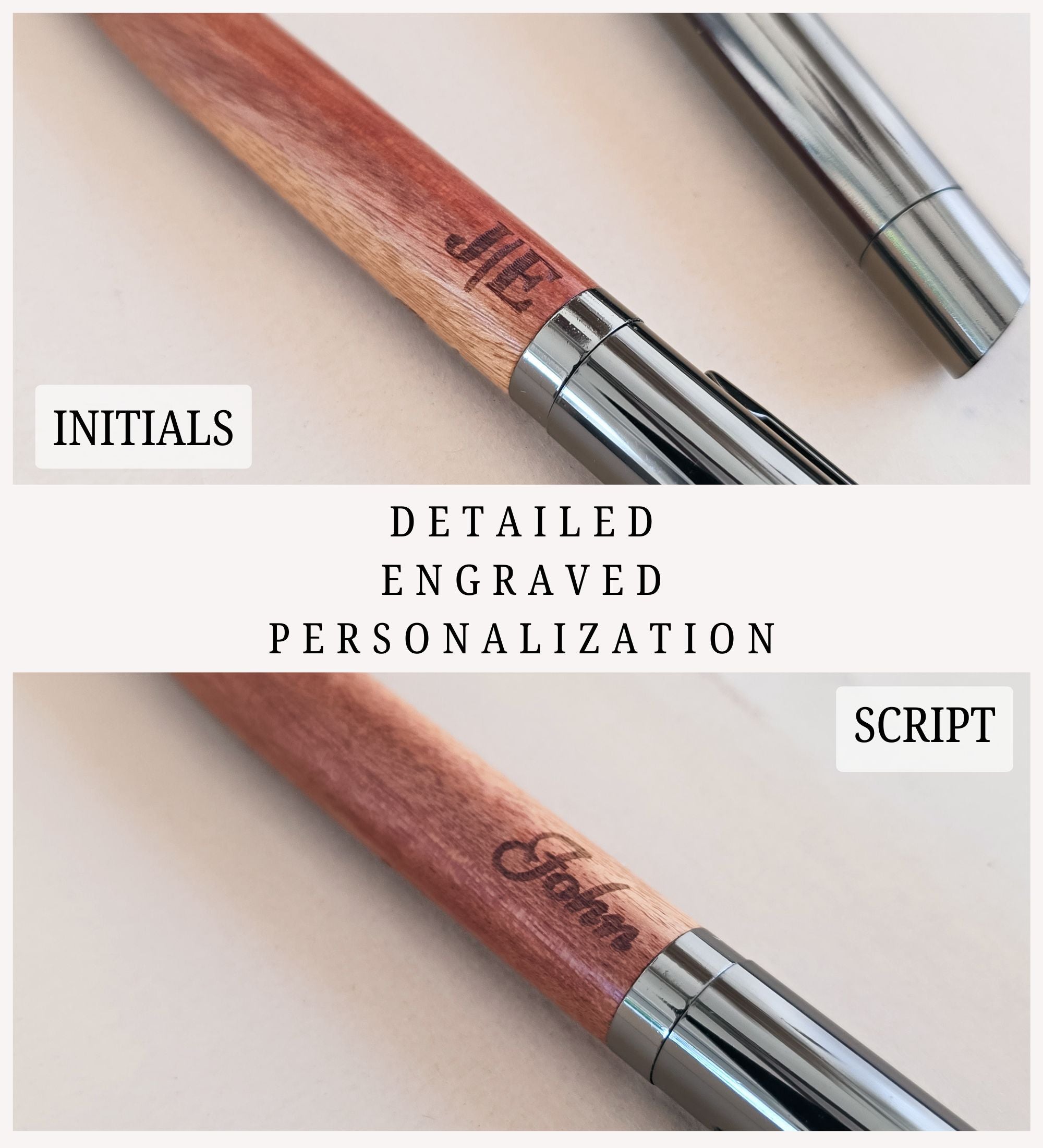 Side by side comparison of the two etching styles on a personalized wood pen, script first name and serif initials separated by a slim bar