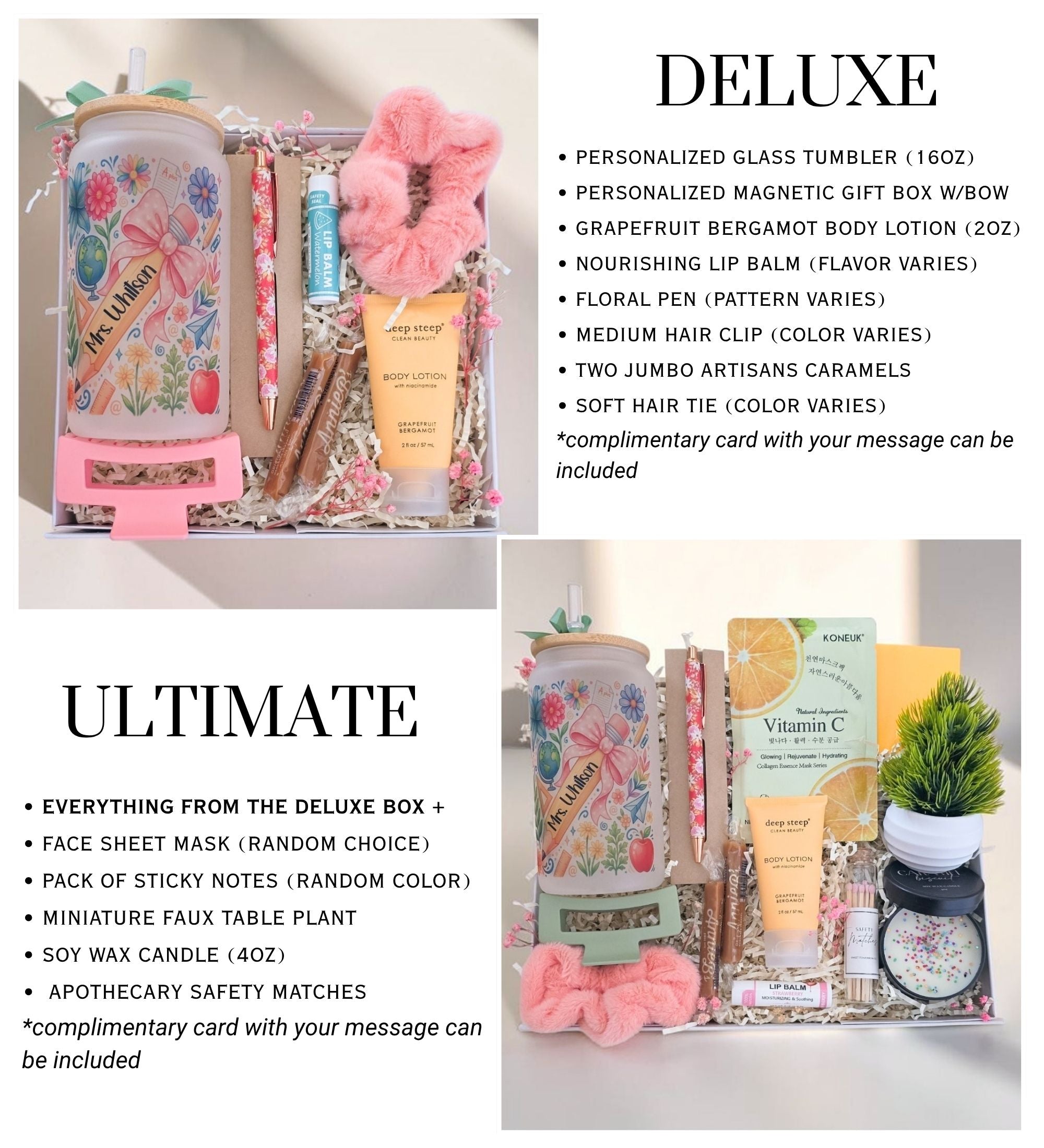  Deluxe vs Ultimate teacher gift box comparison infographic showing full contents of both tiers: Deluxe with tumbler, lotion, lip balm, pen, hair clip, caramels, scrunchie; Ultimate adding Vitamin C face mask, sticky notes, faux plant, soy candle, safety matches