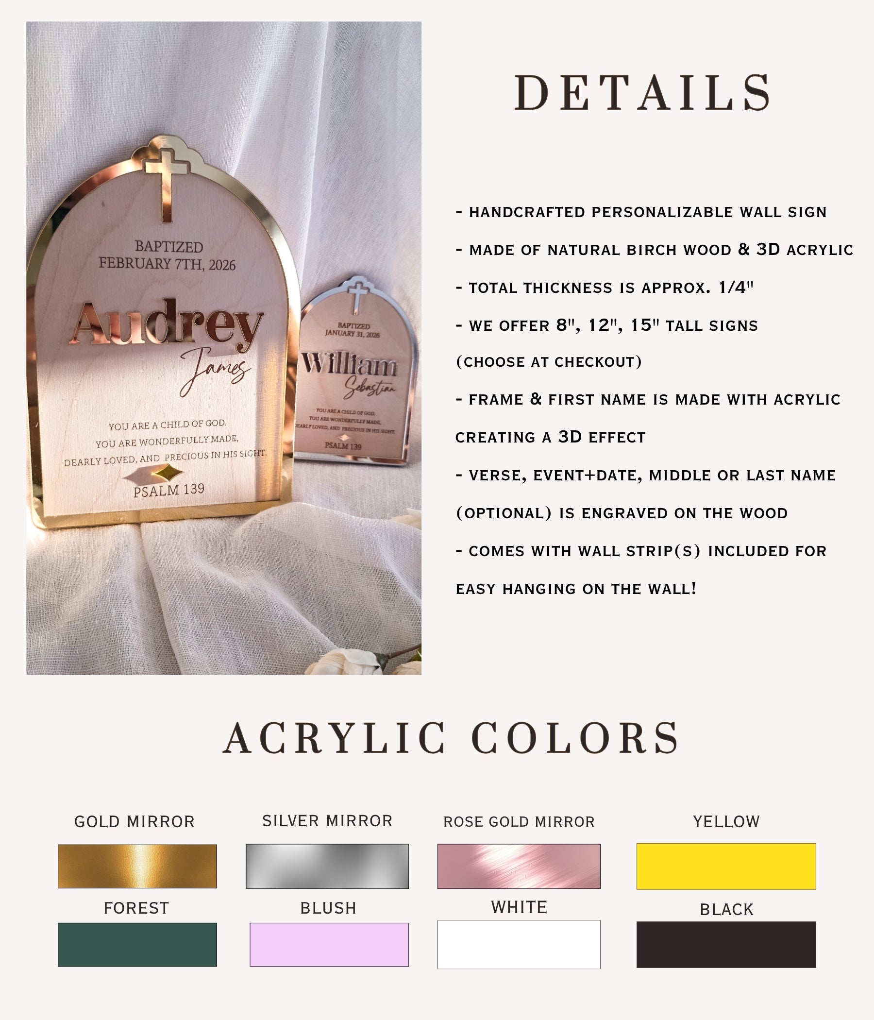 All acrylic finish options shown together — gold, silver, and rose gold mirror alongside white, black, forest, blush, and yellow