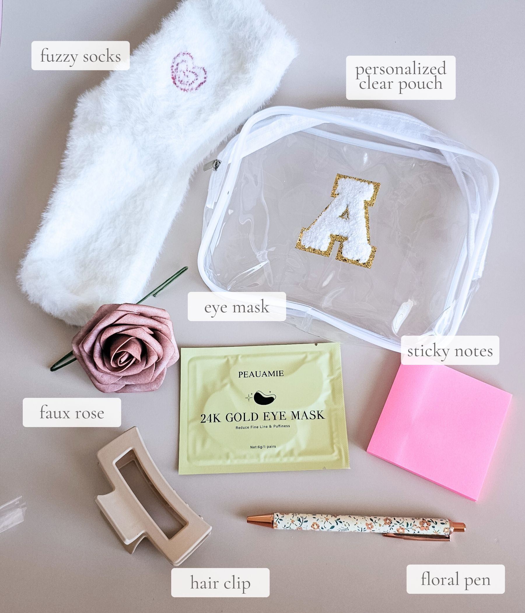 Teacher appreciation gift pouch set with floral pen, fuzzy socks, sticky notes, rose, and hair clip