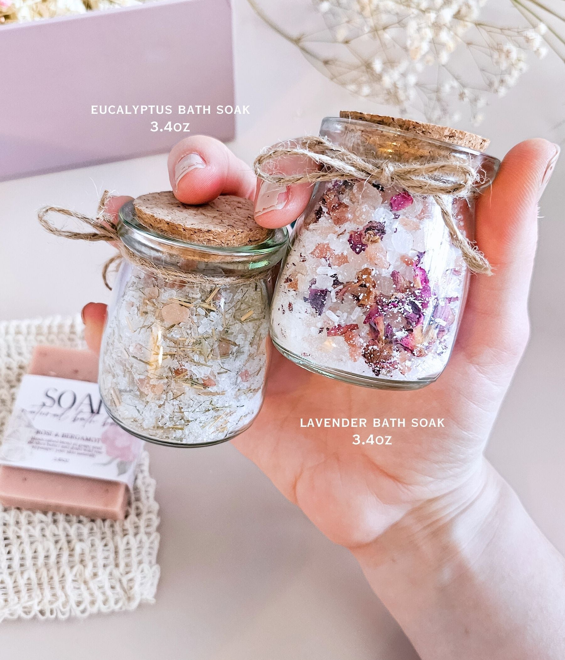 Eucalyptus lemon bath salt jar with natural herbal blend visible through glass