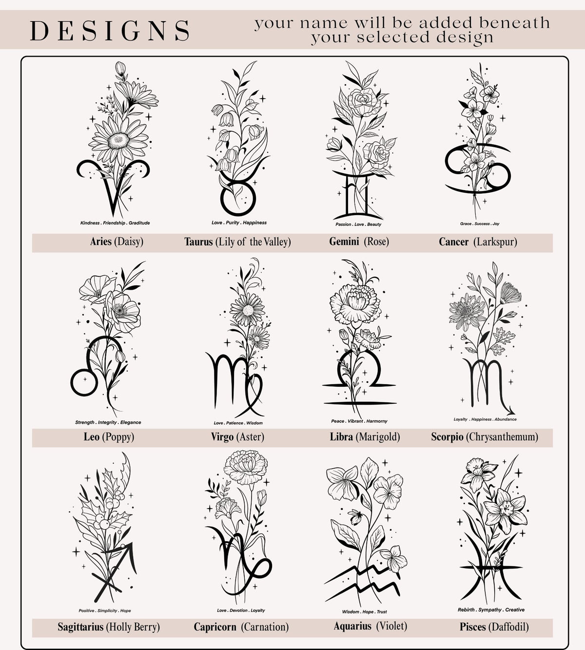 All twelve zodiac sign and birth flower line-art designs available for personalization