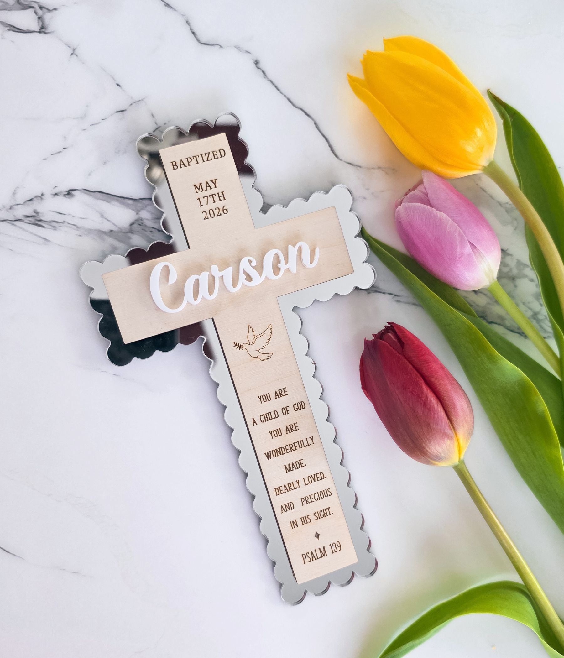Scalloped mirror acrylic baptism cross keepsake with natural birch wood and engraved Bible verse