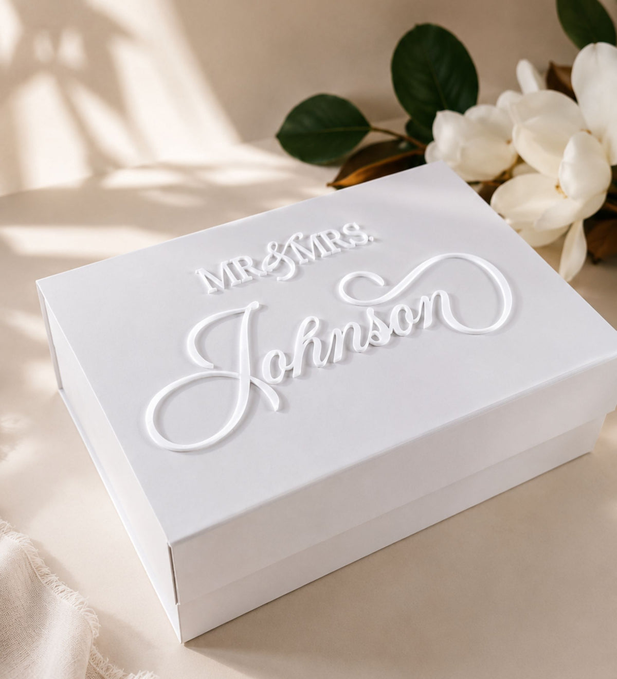 Personalized keepsake memory box in white with raised 3D acrylic lettering reading Mr and Mrs above the family name Johnson
