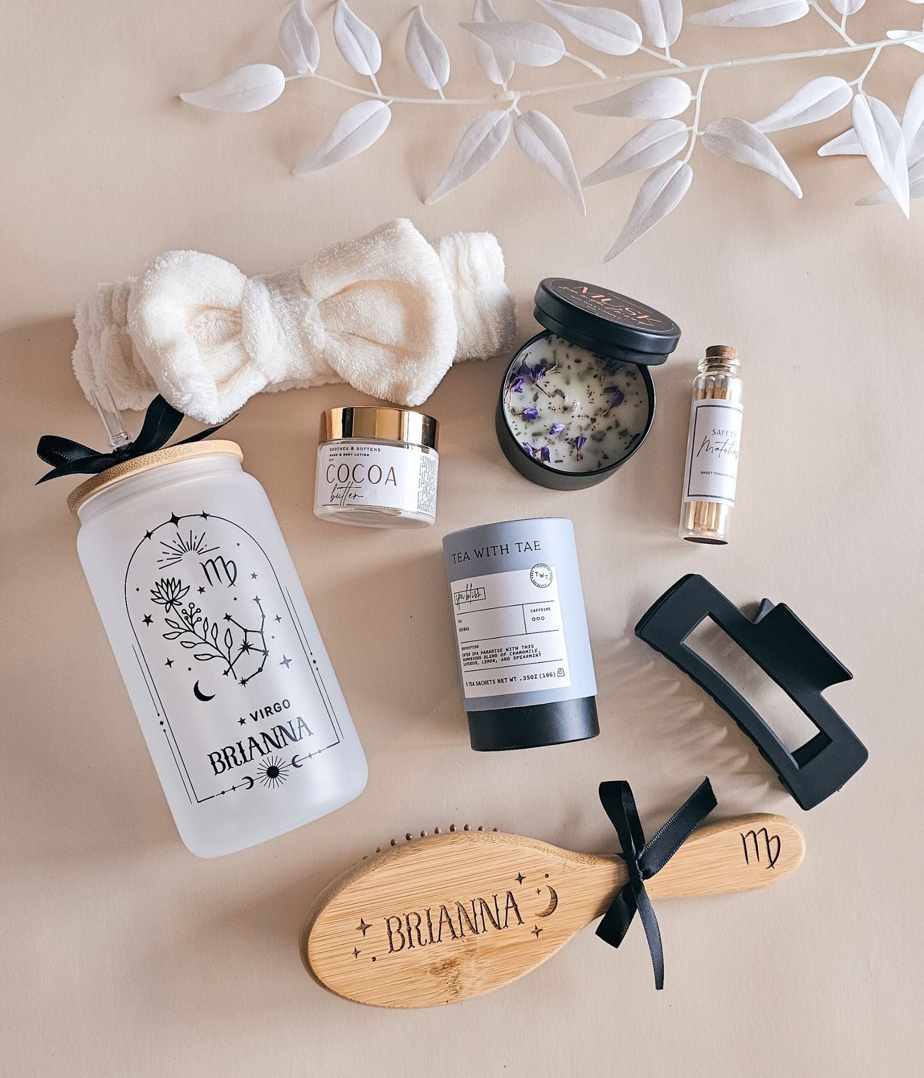 Personalized zodiac care package with candle, matches, and spa treats for teen girl or best friend