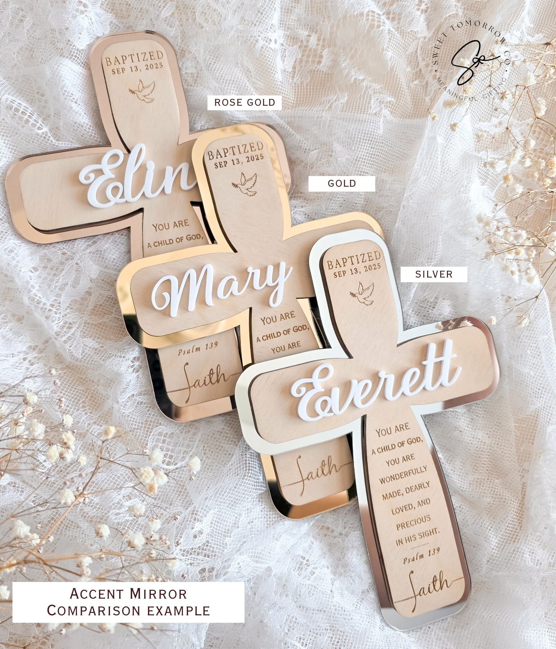 Faith-based nursery decor cross personalized with name and baptism date, wall strip included