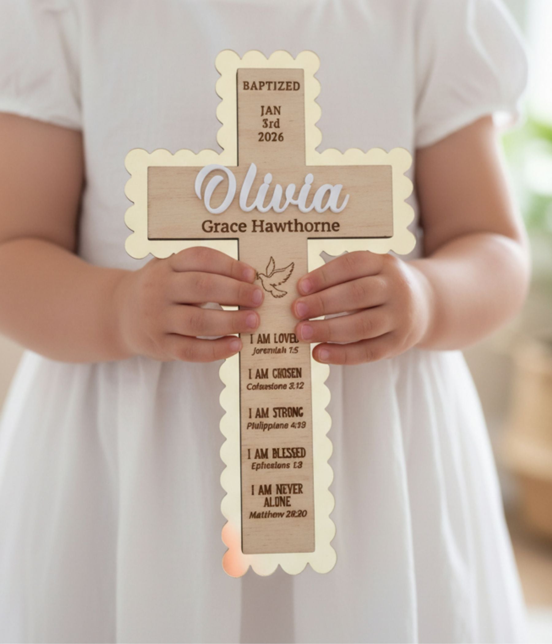 Child holding a personalized wooden baptism cross with raised white acrylic name and engraved faith verses