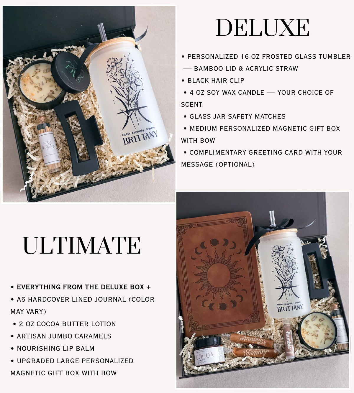 A promotional collage showing two gift box sets labeled DELUXE and ULTIMATE with product descriptions and text callouts. The sets include a frosted glass tumbler, black hair clip, soy wax candle, jar safety matches, cocoa butter lotion, lip balm, and a personalized magnetic gift box with bow, arranged in gift boxes with shredded paper.