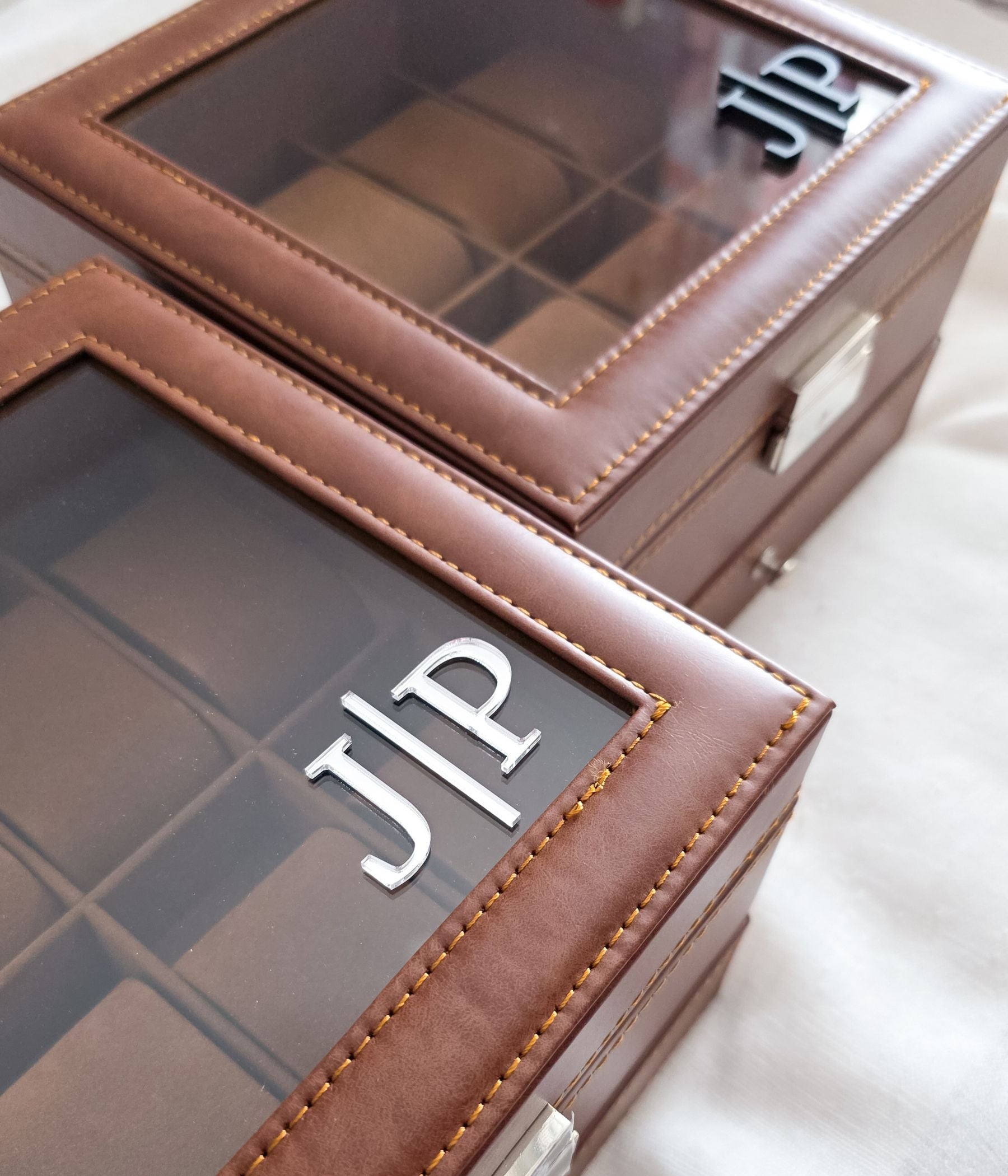 Gift-ready watch box with drawer for rings and cufflinks, customized with 3D acrylic name on lid
