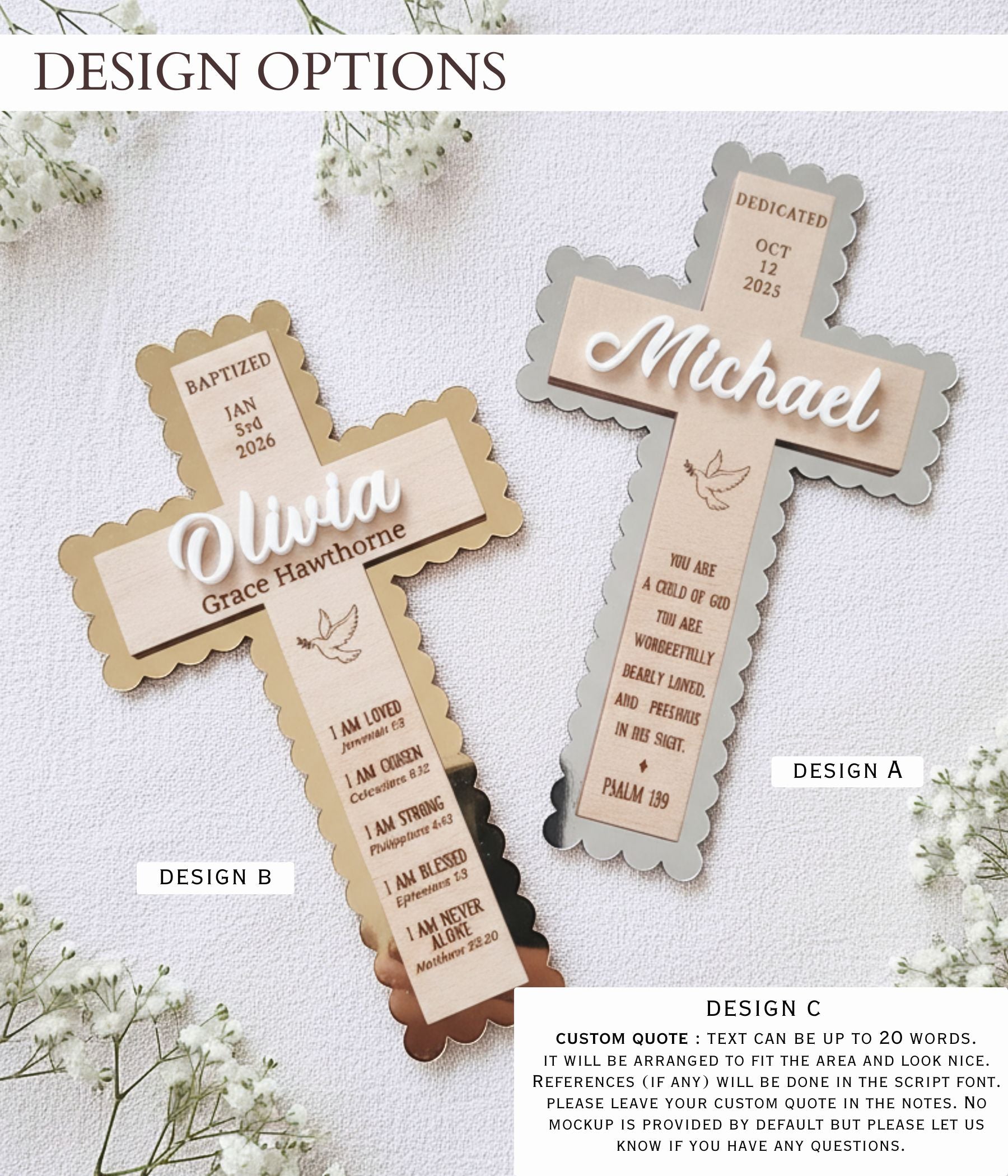 Custom Christian cross keepsake for baptism, dedication, christening, or baby blessing