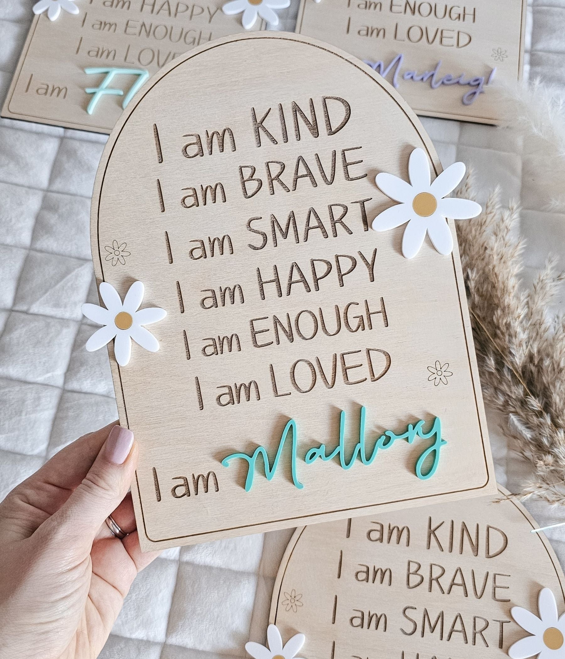 Kids room decor affirmation plaque personalized with name in acrylic and engraved positive words