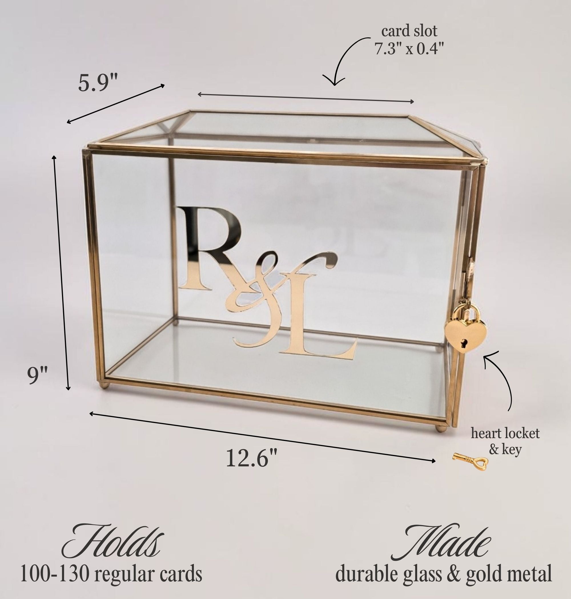 Large gold glass wedding card box measuring 12.6 by 9 by 5.9 inches with labeled card slot, heart locket lock, and capacity note of 100 to 130 cards