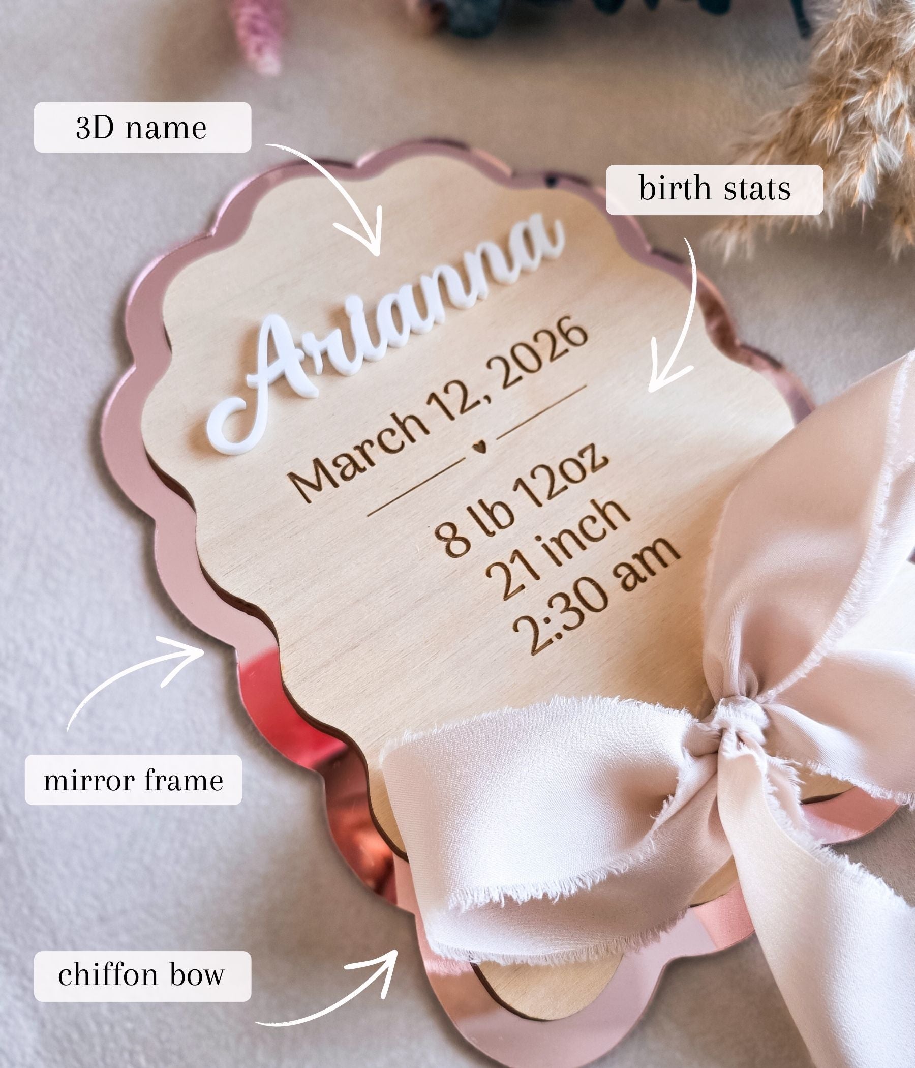 Handmade birch wood birth announcement plaque with rose mirror acrylic scalloped border and chiffon bow — made to order newborn gift
