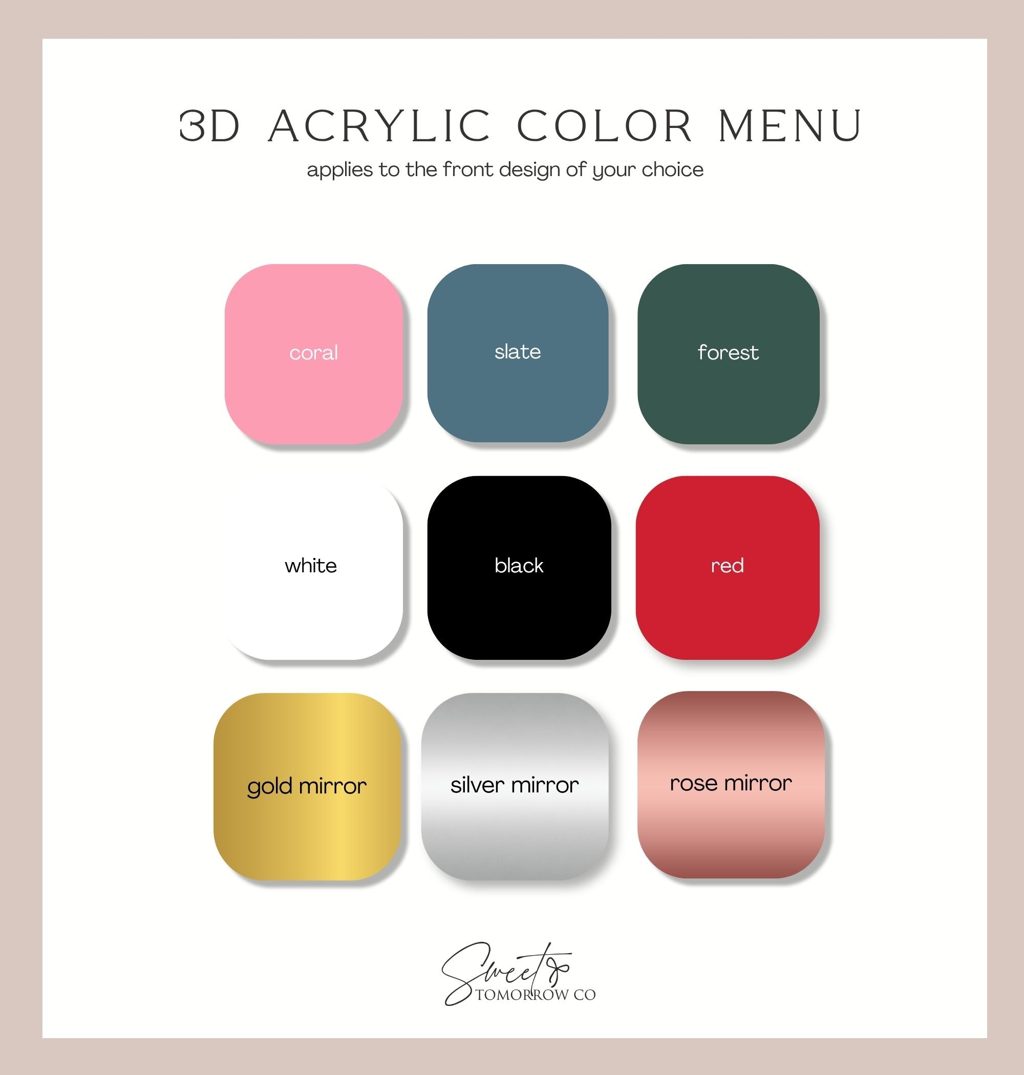 Color selection menu for 3D acrylic monogram showing nine options including coral, slate, forest, white, black, red, gold mirror, silver mirror, and rose mirror