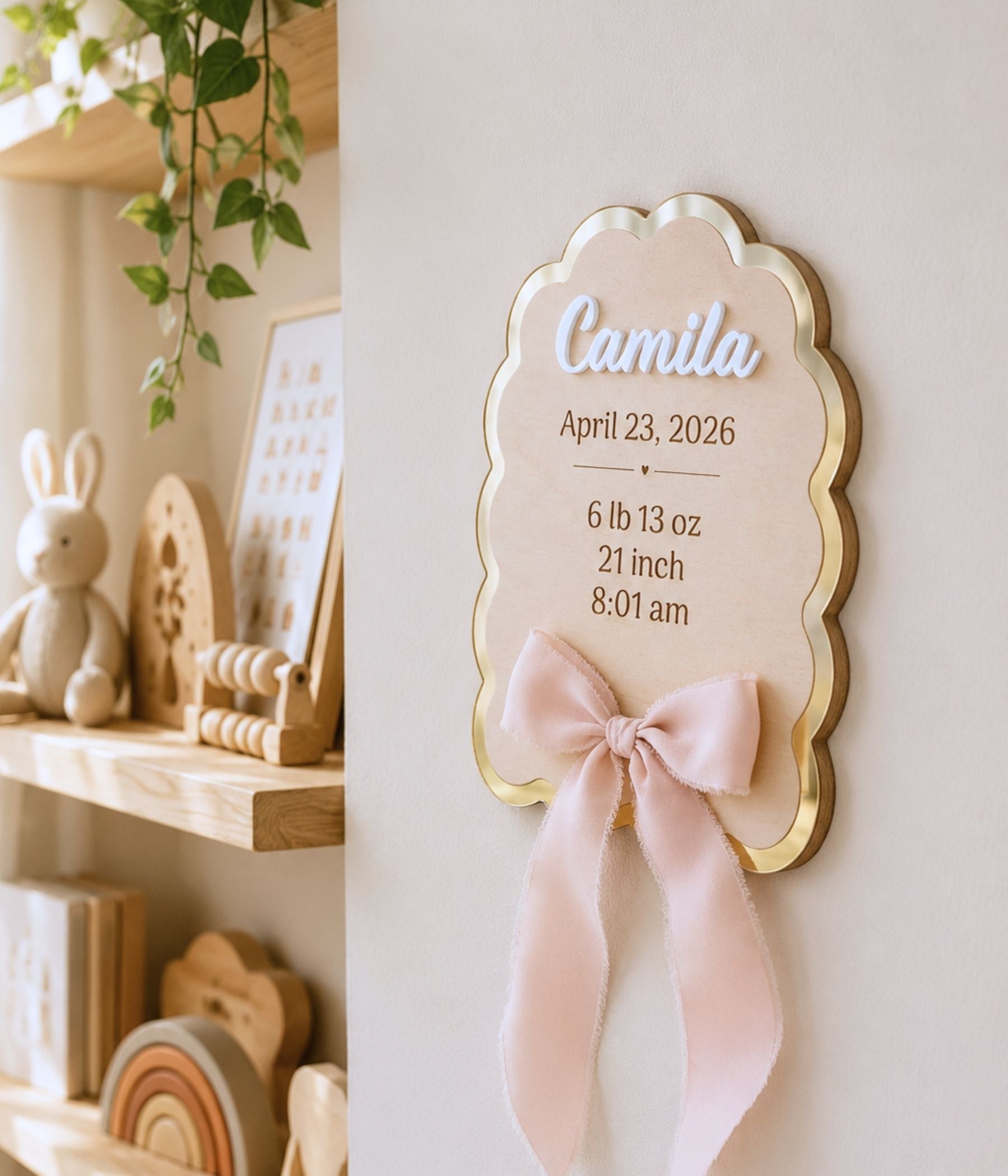 Sweet Tomorrow Co. personalized baby name sign showing birth date, weight, length, and time of birth — scalloped keepsake for nursery wall