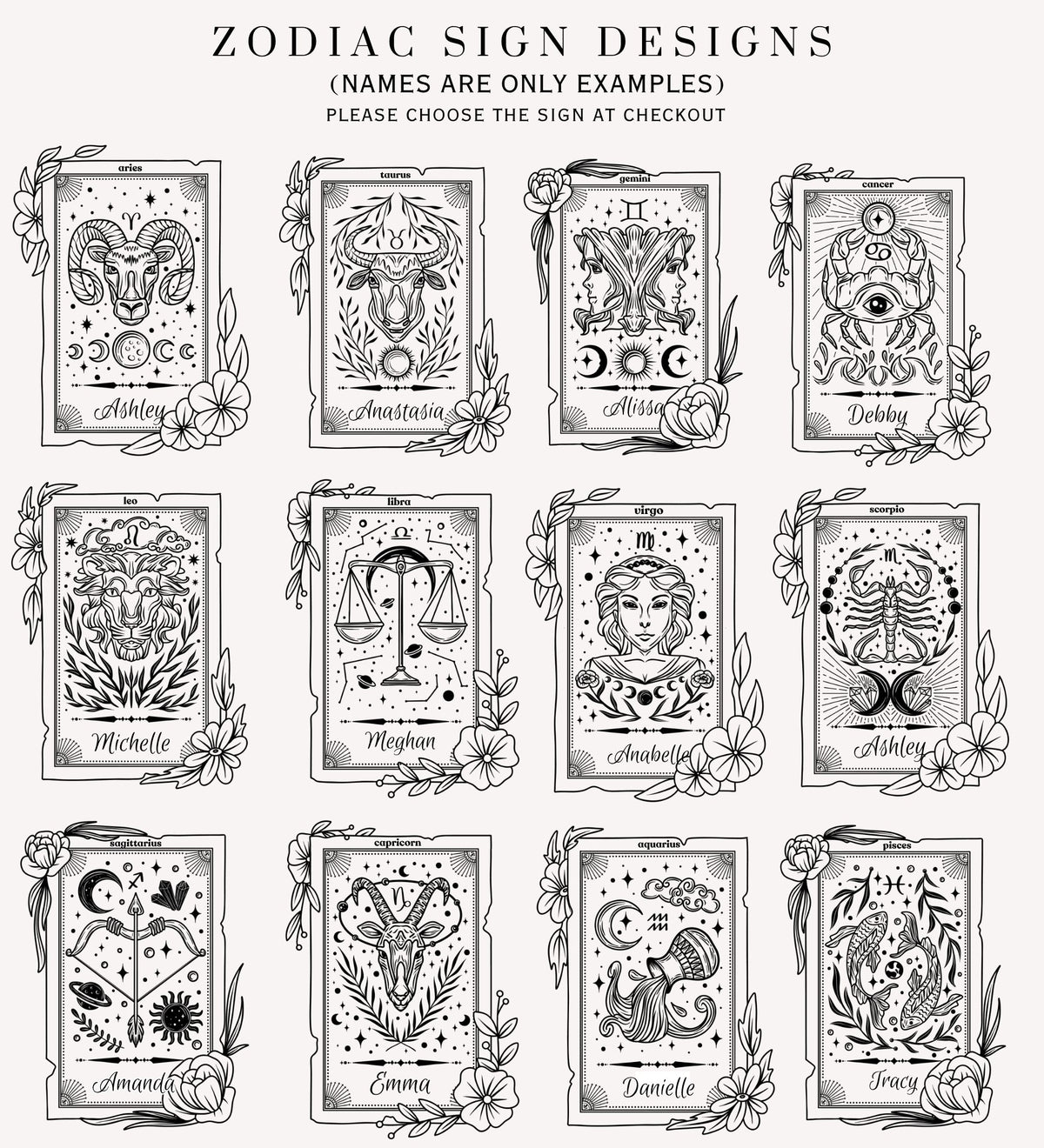 All 12 zodiac sign tumbler designs displayed: Aries through Pisces with example names shown — celestial tarot card style black illustration on frosted glass