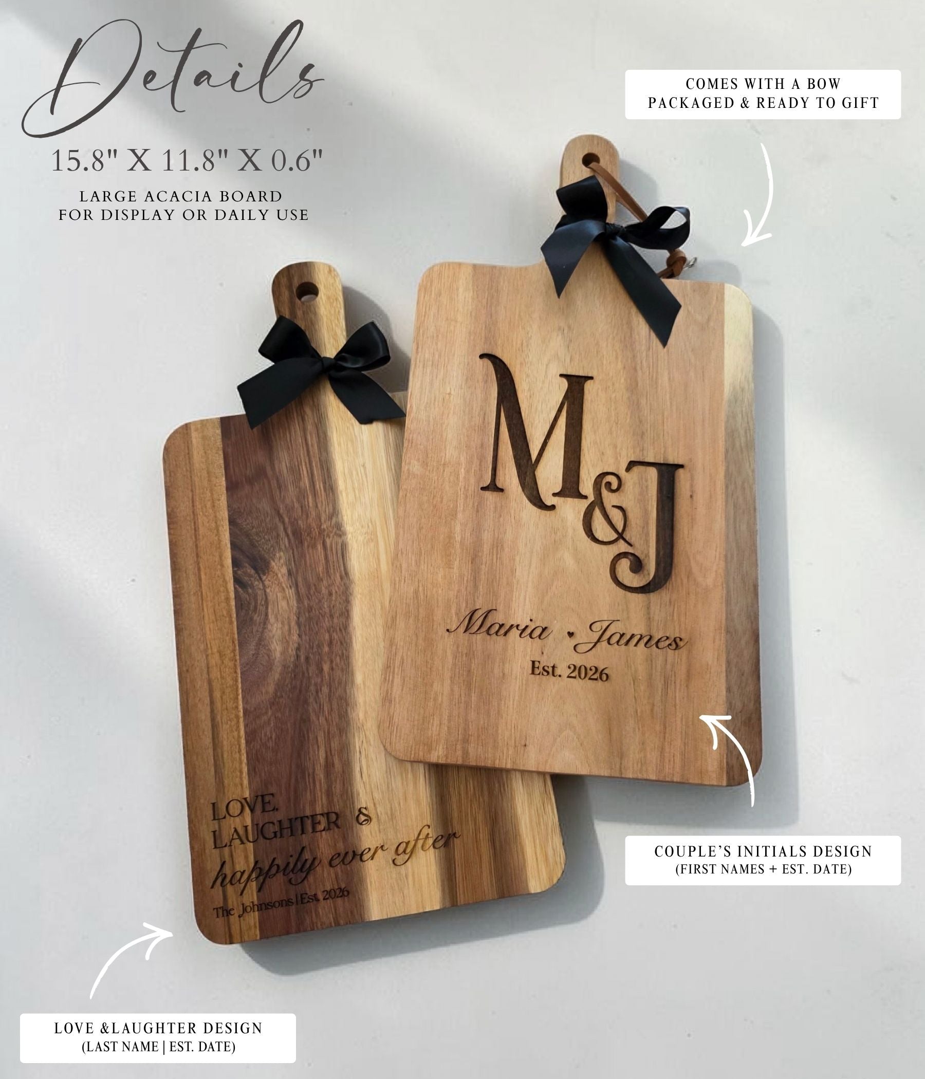 Acacia cutting board engraved for newlyweds with names, est. date, and matching utensils