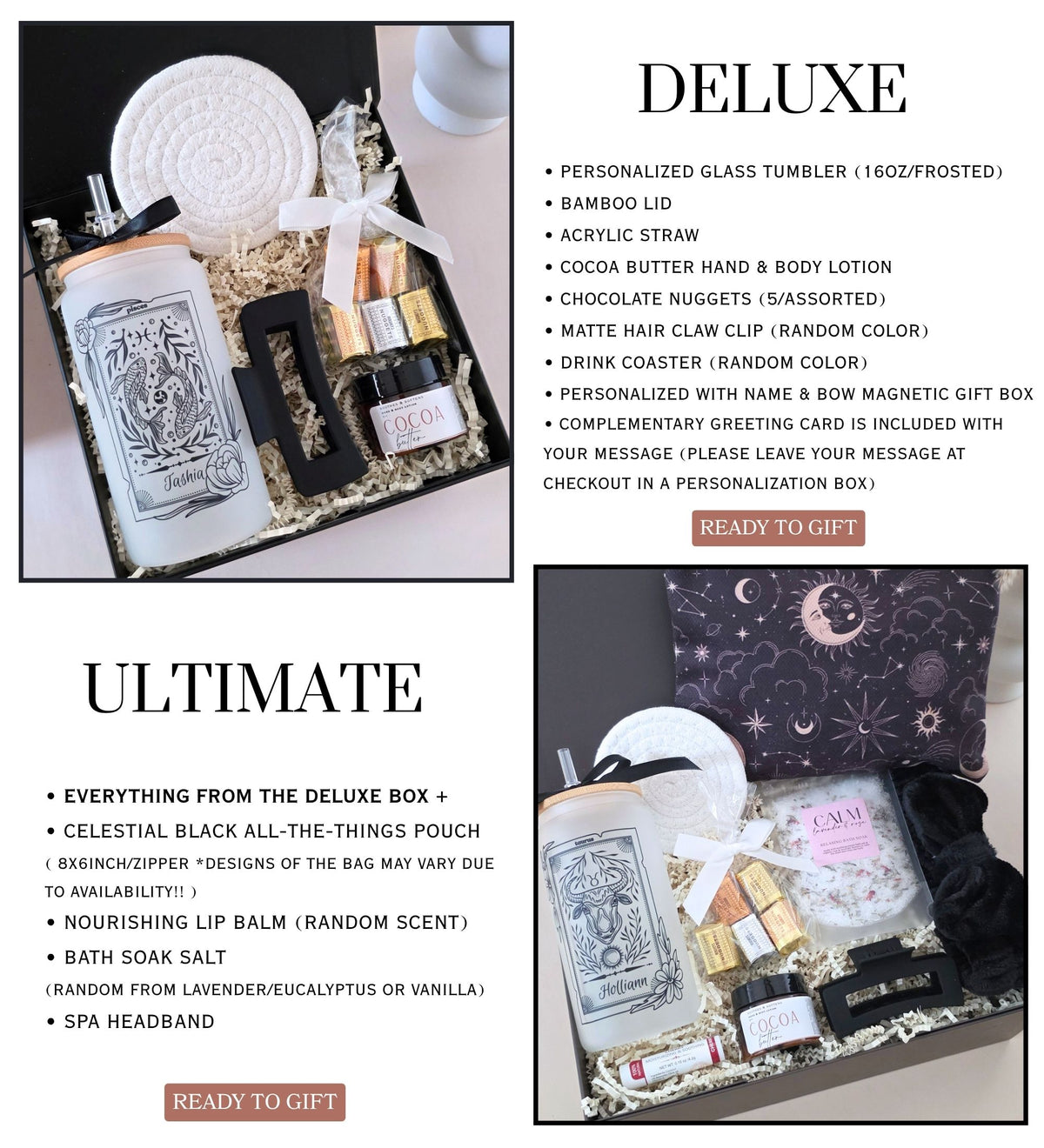 Deluxe and Ultimate zodiac gift box tier comparison infographic showing all contents of each tier in black magnetic gift box with crinkle paper