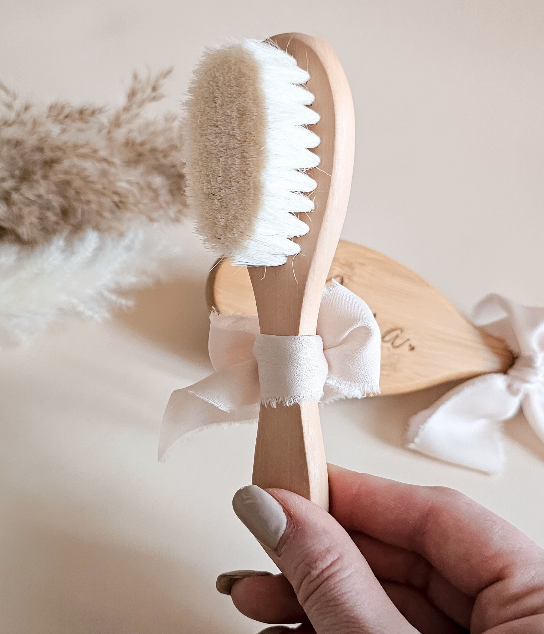 Mama mini brush set baby shower gift with engraved wood brushes and ribbon details
