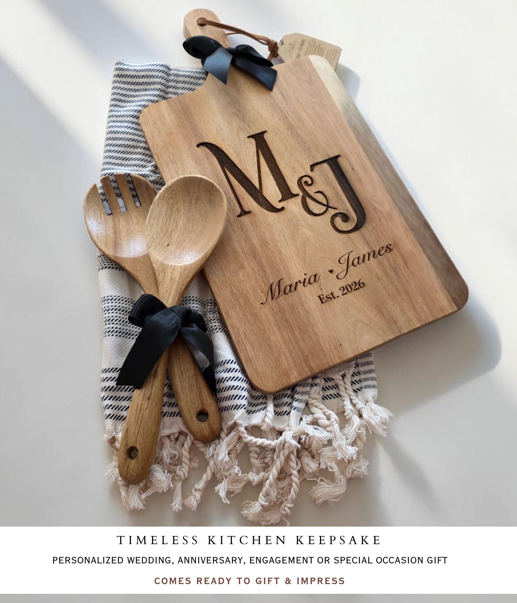 Personalized charcuterie board for couples with engraved monogram and custom names