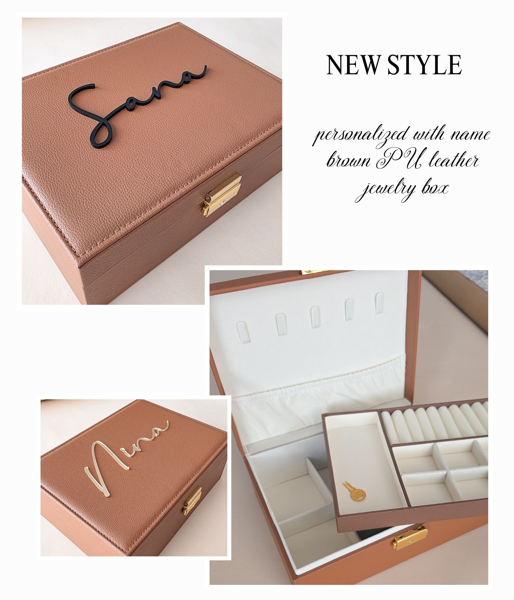 Personalized brown jewelry box with custom acrylic name on lid