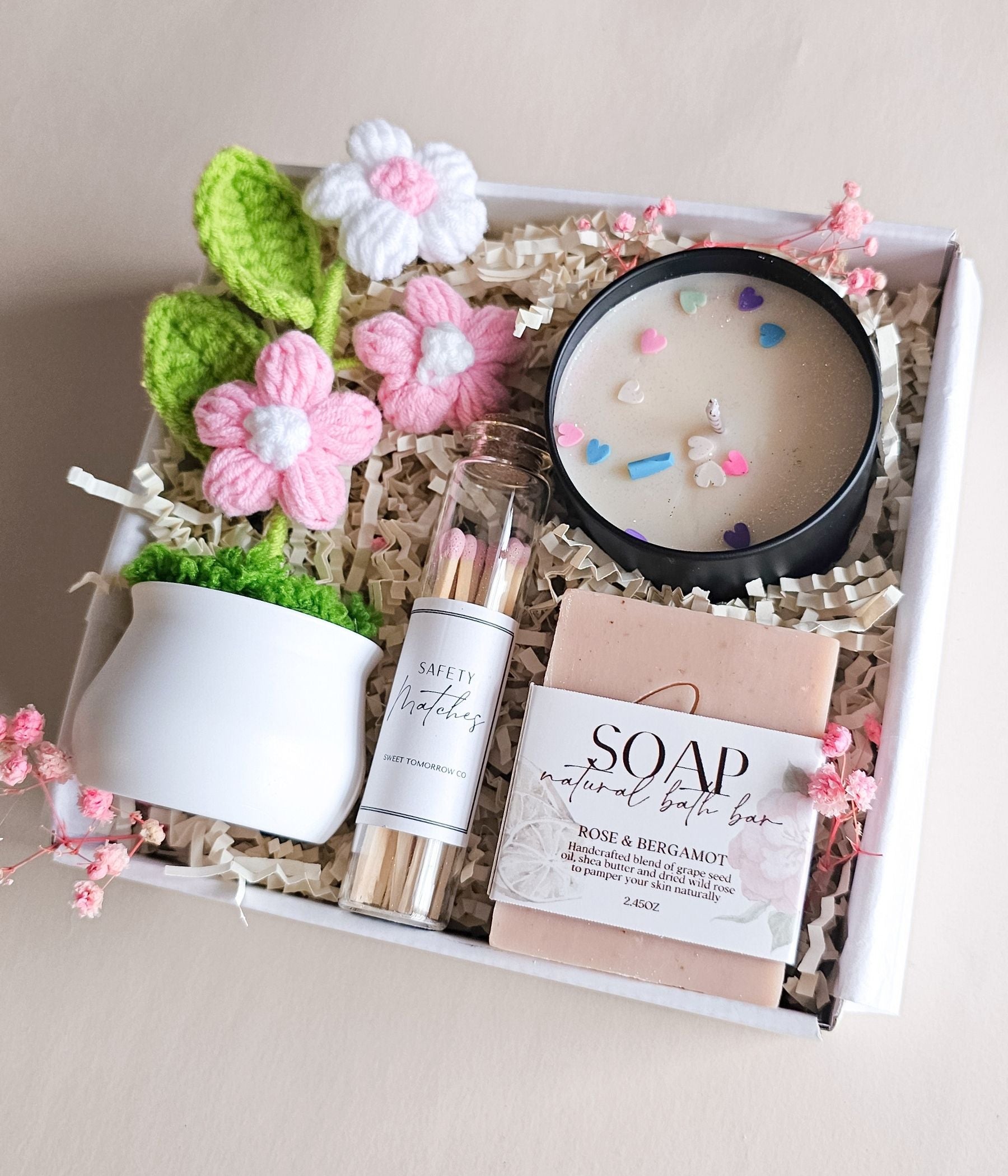 Thinking of you gift box with candle scent selection, crochet flowers, soap, matches, and greeting card included