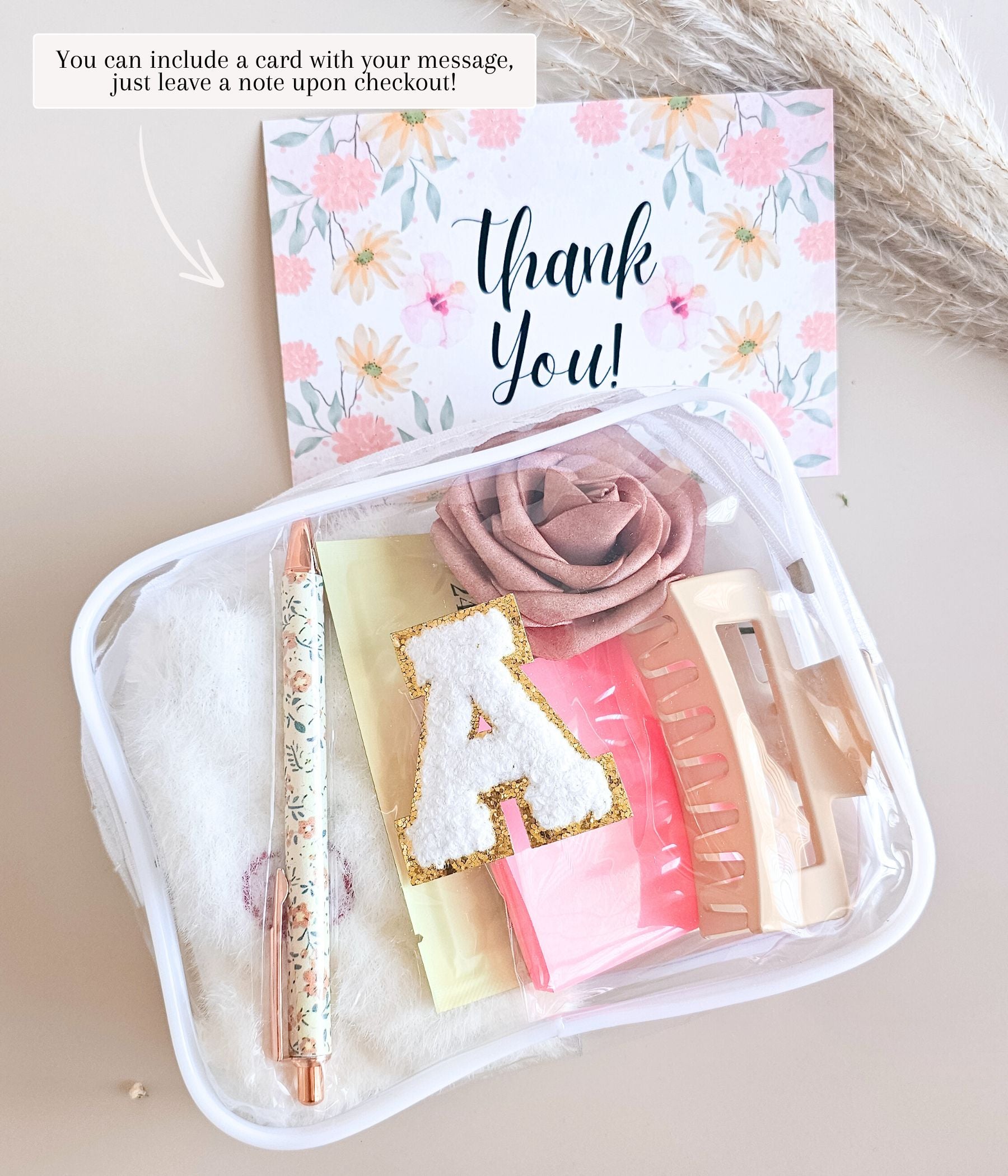 Gift pouch for teachers featuring floral pen, hair clip, sticky notes, and thank you card