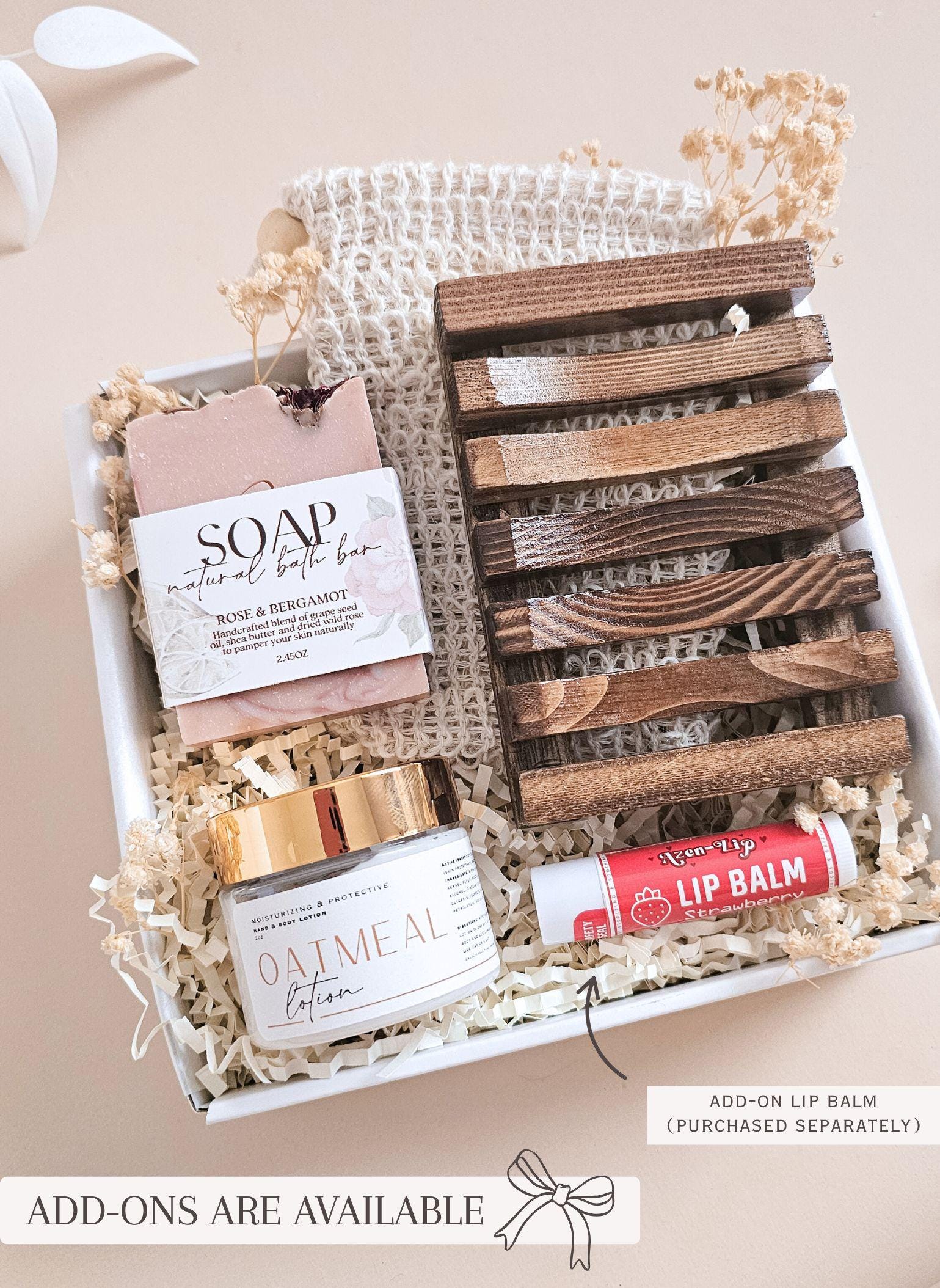 Calming spa set in neutral tones sustainable bath box with oatmeal lotion thoughtful gift for women men or coworkers