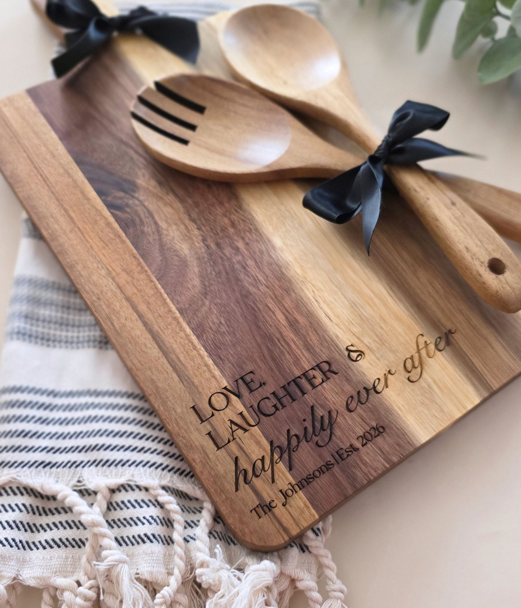 Engraved acacia cutting board gift set with salad servers and Turkish towel for a couple
