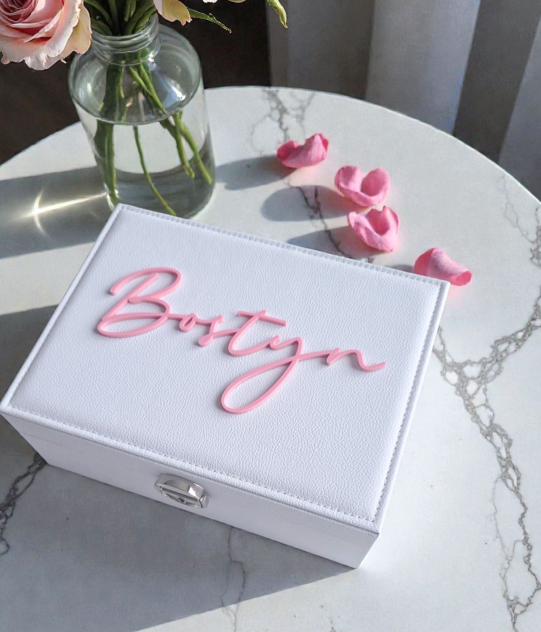 White jewelry keepsake box with centered acrylic name and soft velvet lining