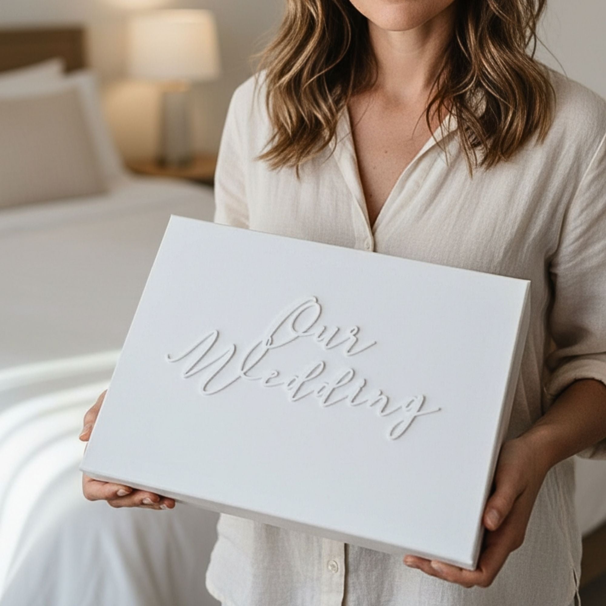 Personalized wedding keepsake box with custom inside lid design showing Mr. and Mrs. and wedding date