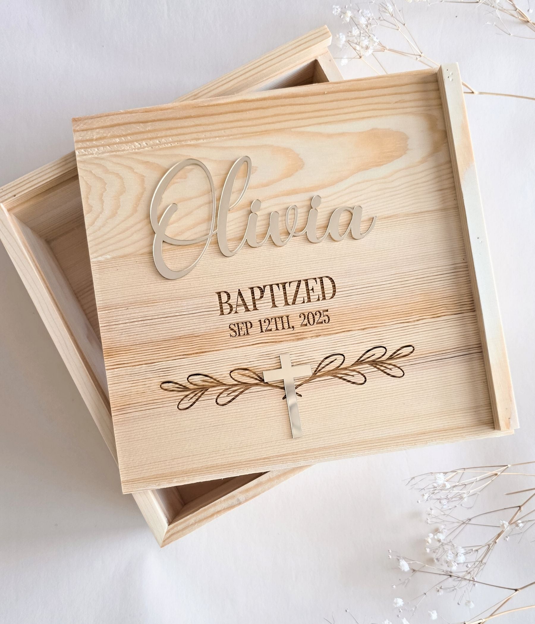 Personalized baptism keepsake box with sliding wooden lid engraved with baptized date and raised acrylic name