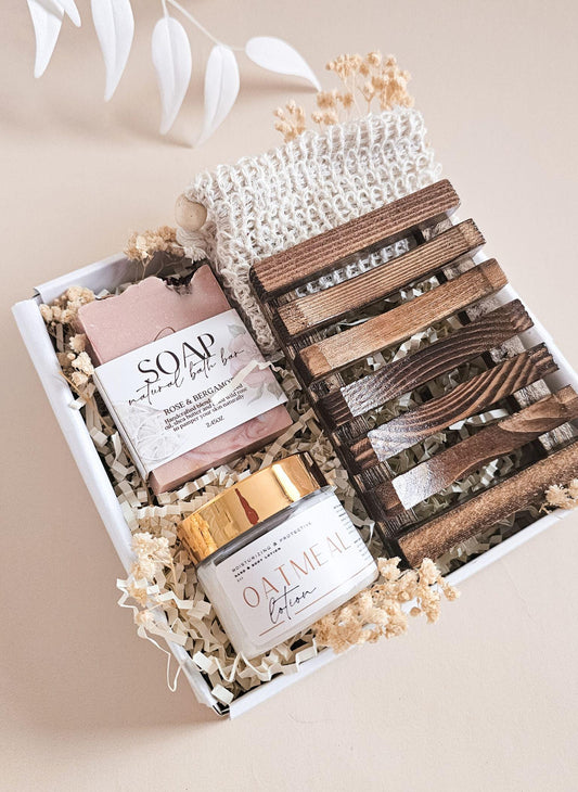 Neutral spa gift box with oatmeal lotion natural rose soap wooden tray eco packaging perfect relaxation or birthday present