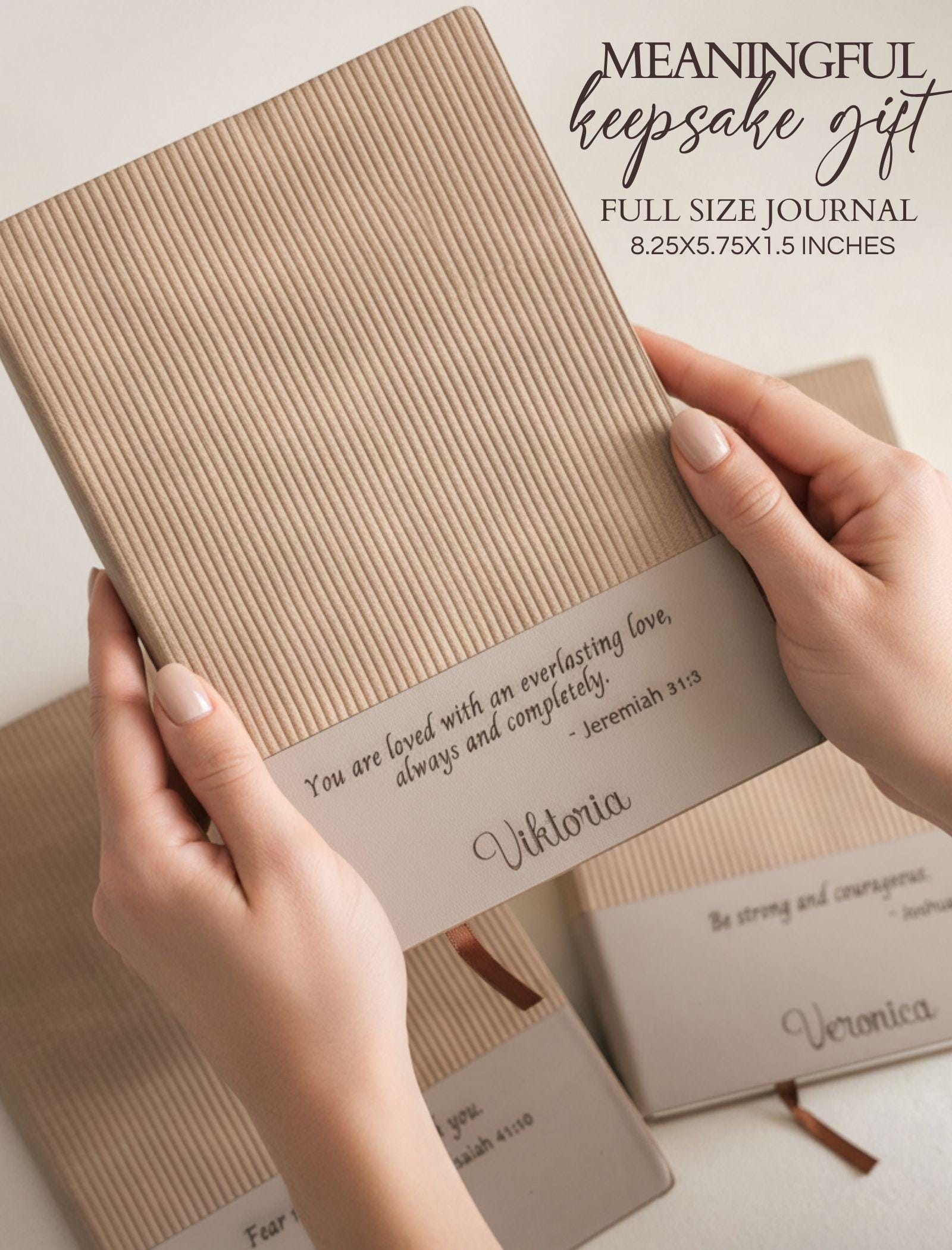Neutral ribbed personalized Bible verse journal with engraved Jeremiah 31 3 and personalized with name