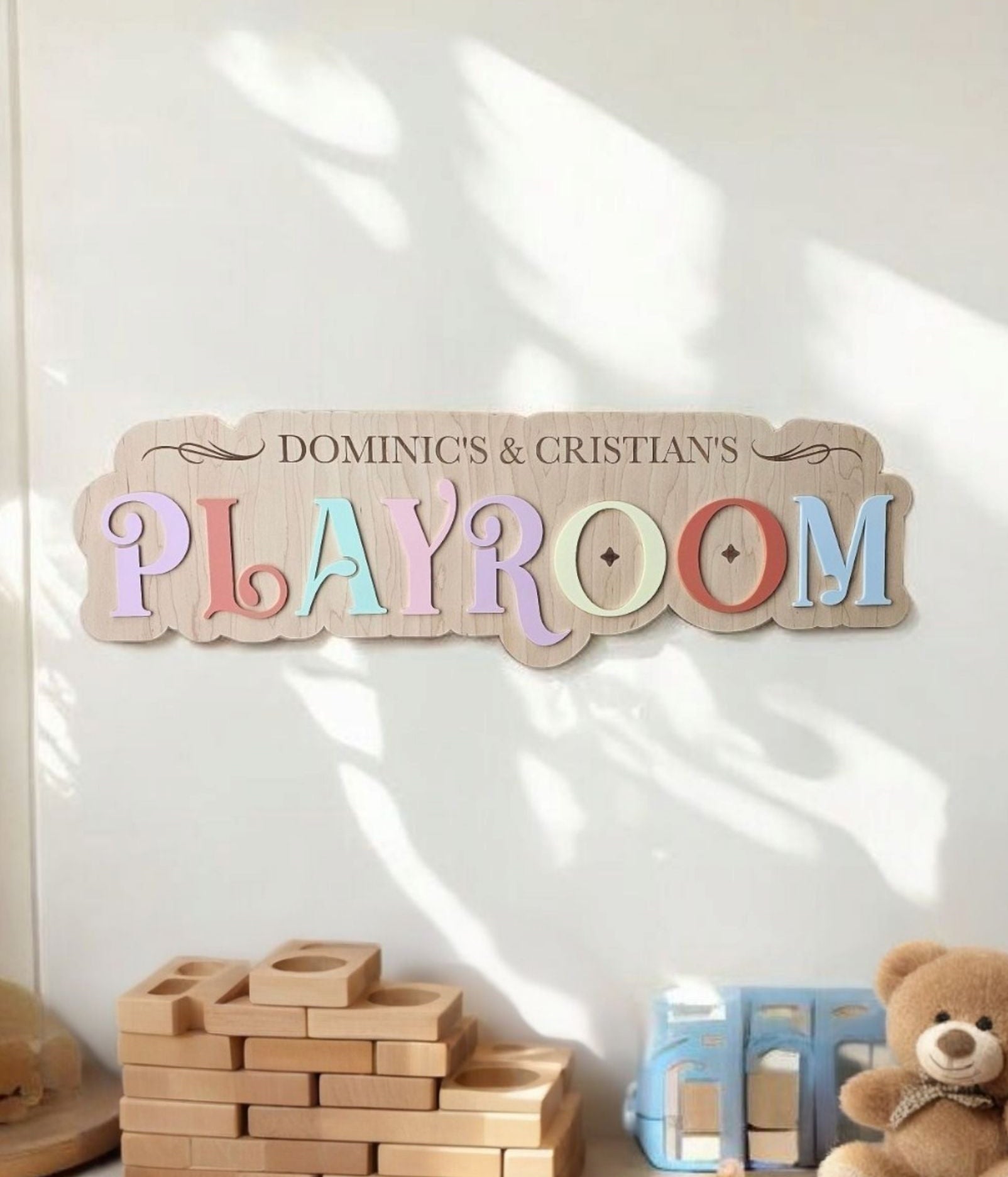 Custom kids playroom sign with pastel acrylic letters and engraved name detail