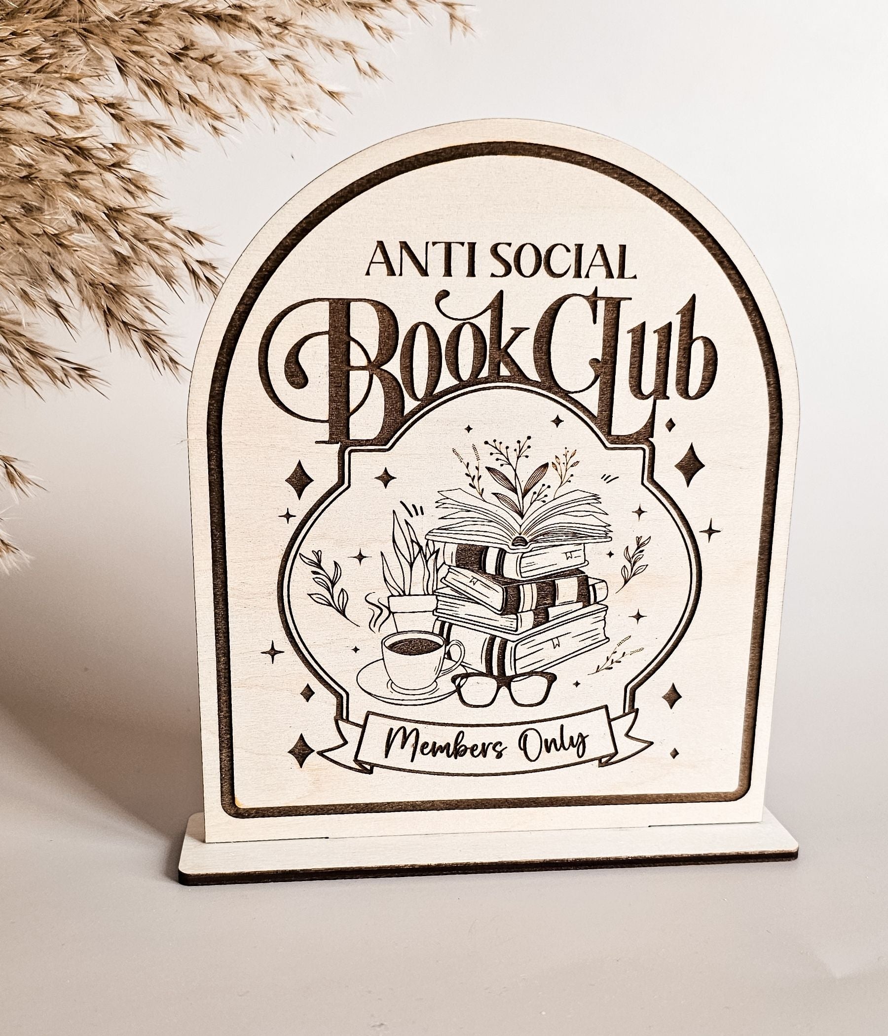 Funny introvert gift wooden sign for readers featuring book club design and tabletop stand