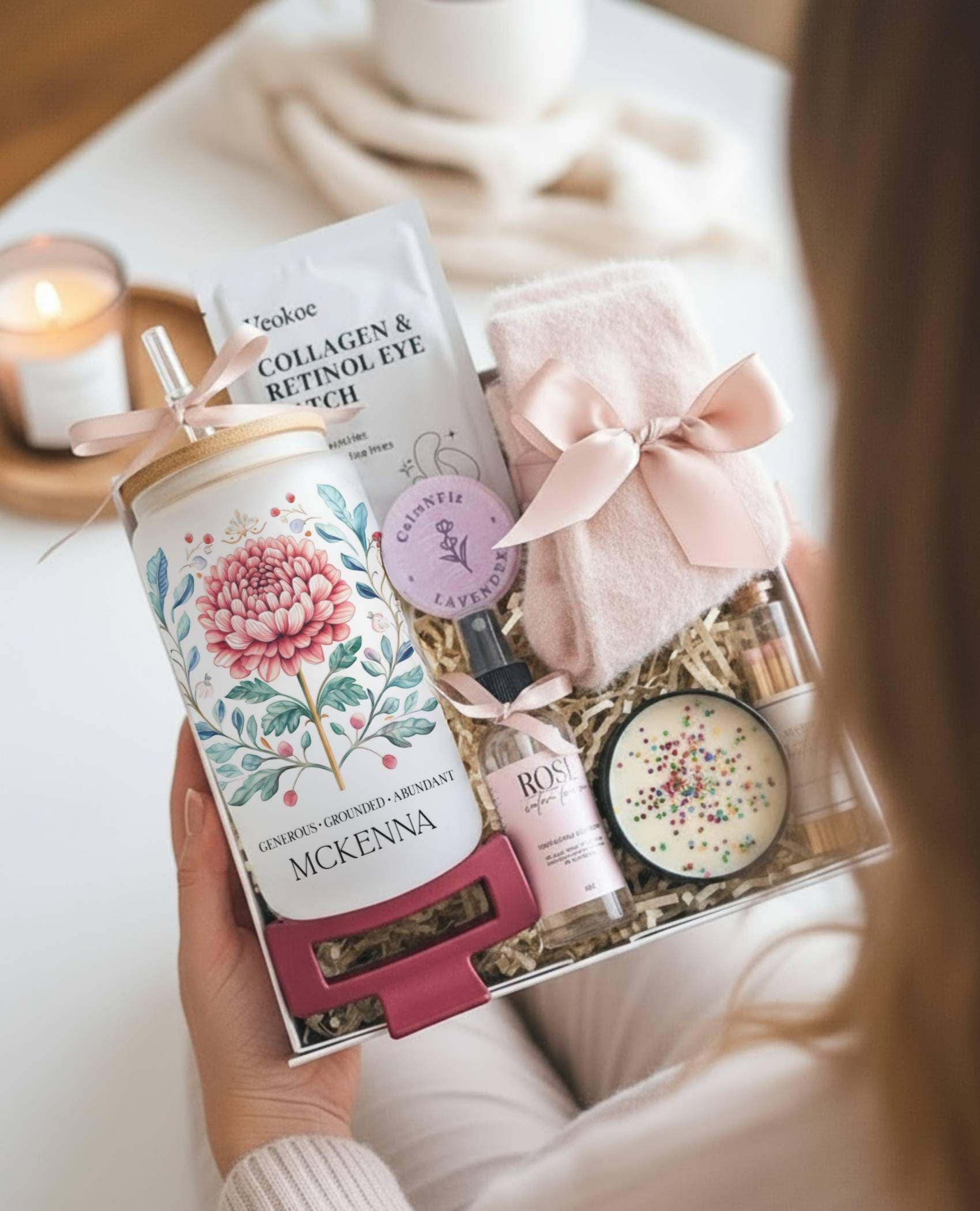 Personalized name and birth flower frosted glass tumbler with bamboo lid inside gift-ready self-care box