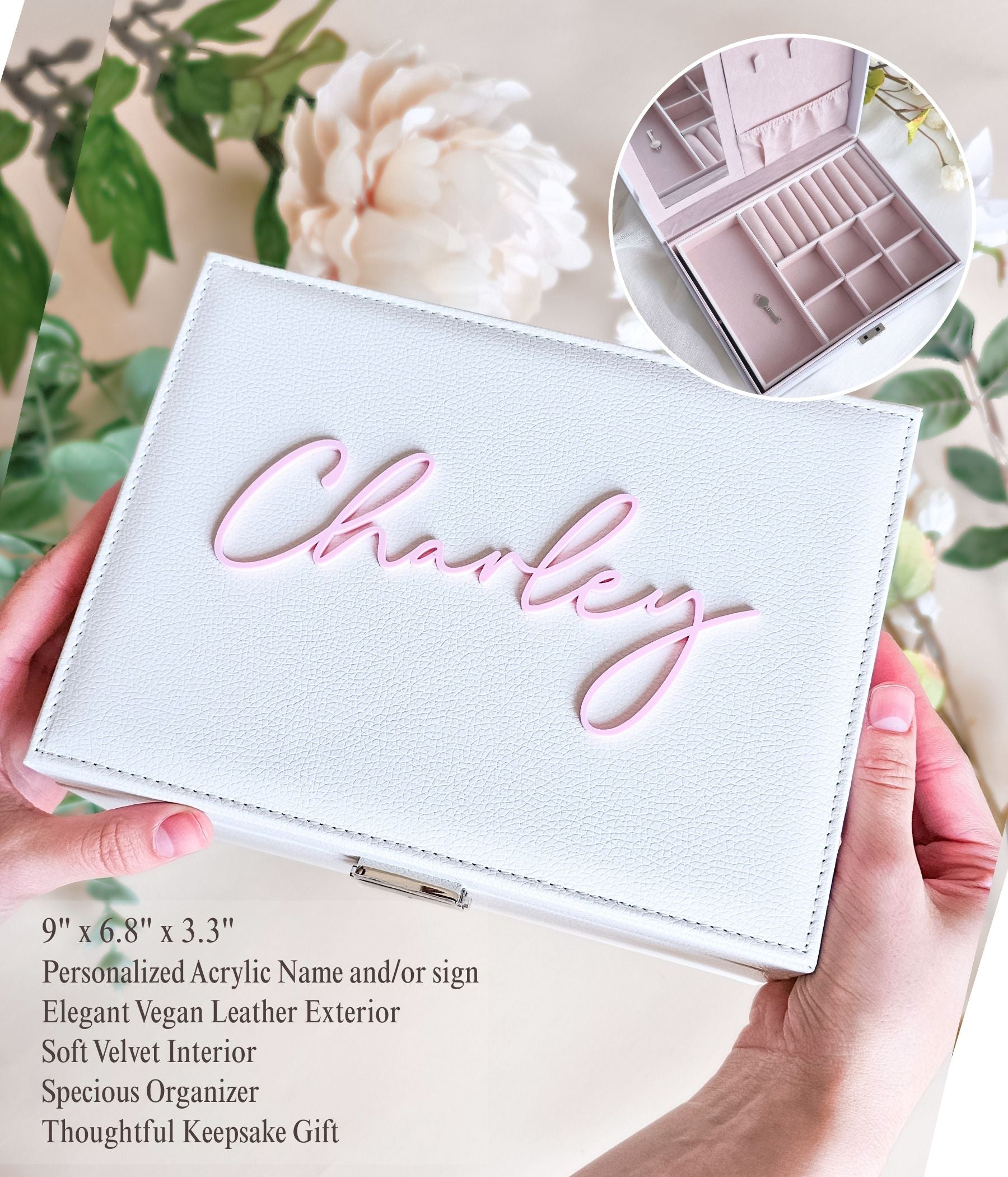 Custom white jewelry organizer with name on lid and double-level storage