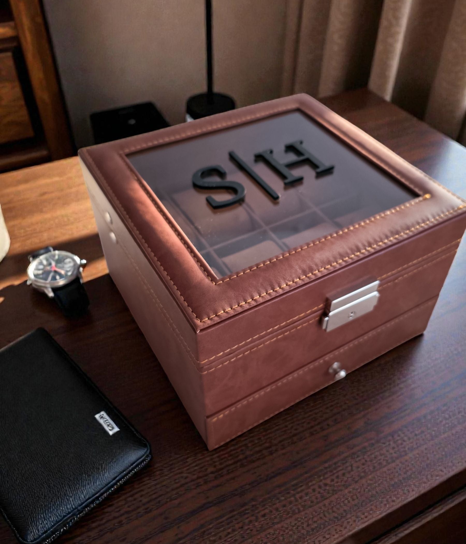 Personalized watch box gift for husband or dad with drawer and clear window lid
