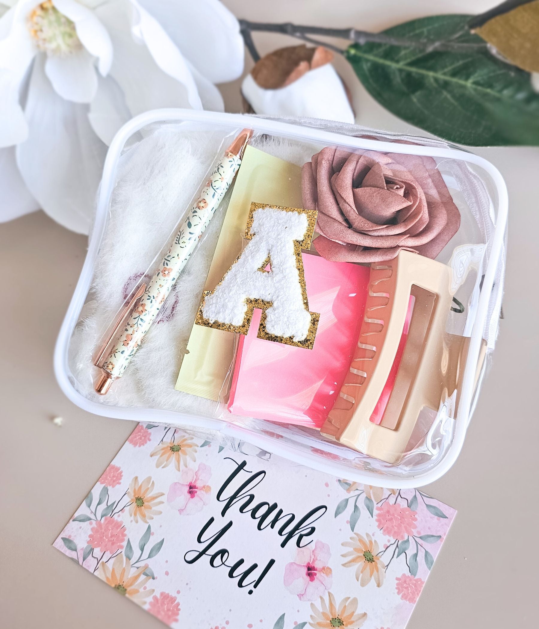 Back to school teacher gift set with pouch, eye mask, floral pen, and thank you card